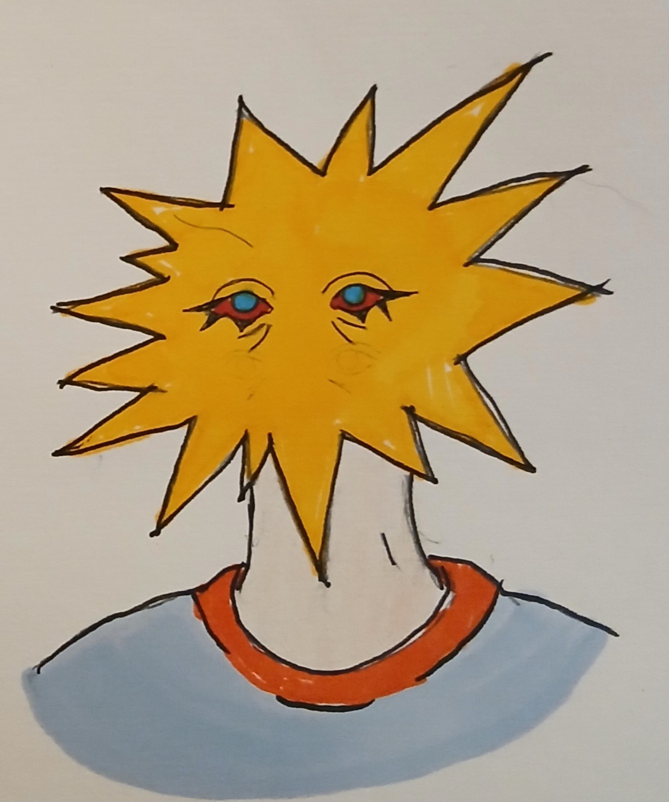 A traditionally done portrait of a pale person with a saturated bright yellow star for a head. Their eyes have thick sharp lashes, red sclera and blue pupils. They are wearing a shirt with a bright red collar and the rest is a light blue.