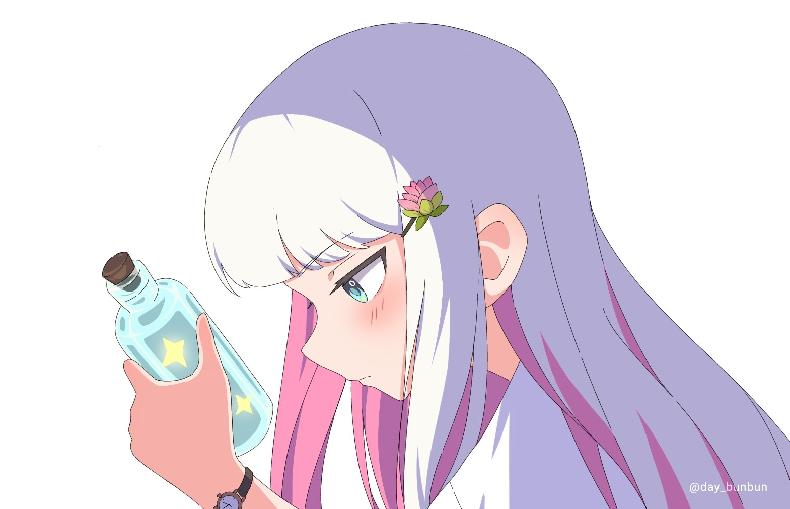 anime girl with white and pink hair holding a bottle of stars