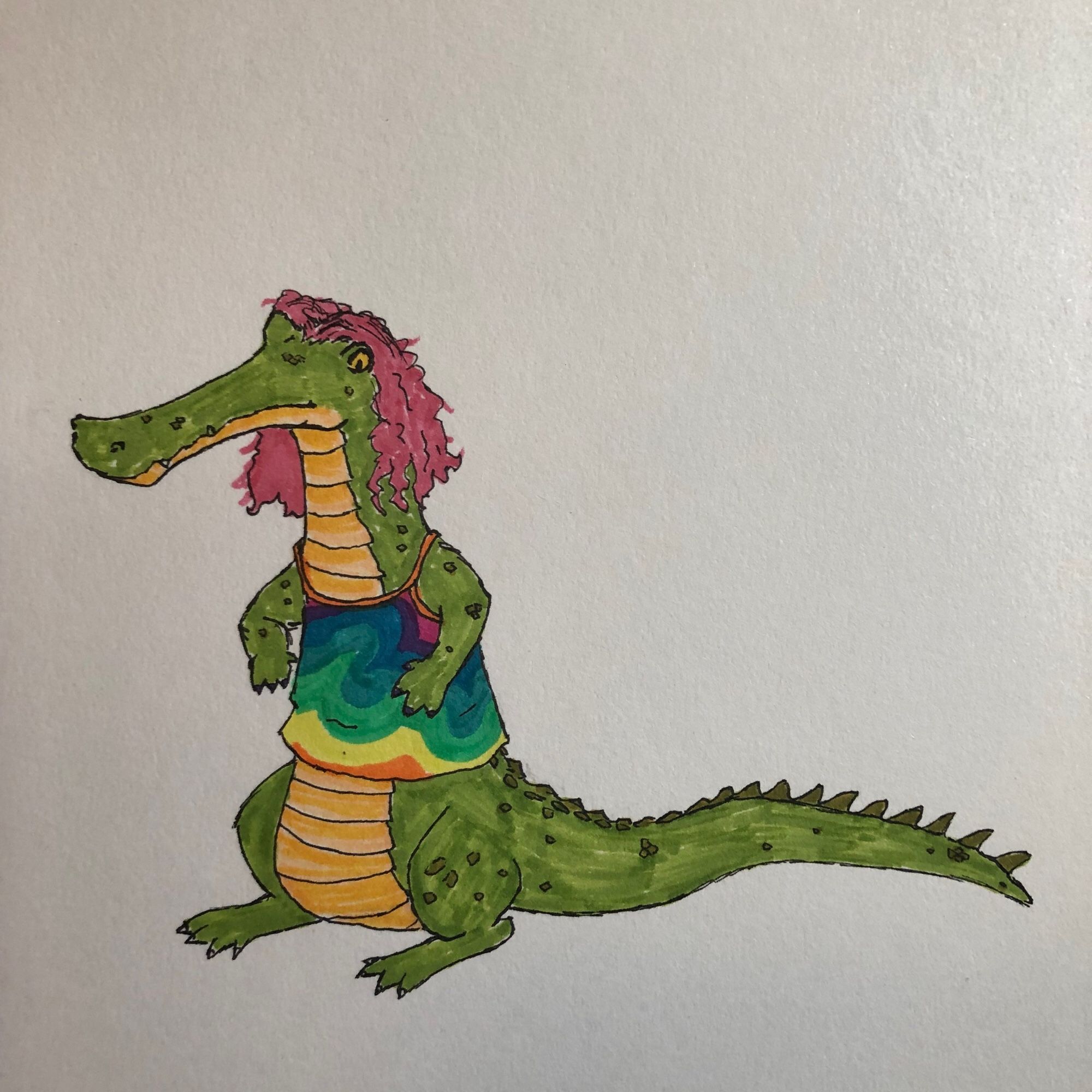 an illustration of me as an alligator. an anthropomorphic alligator standing on its hind legs/tail. she’s wearing a colorful tank top and has pink medium length hair