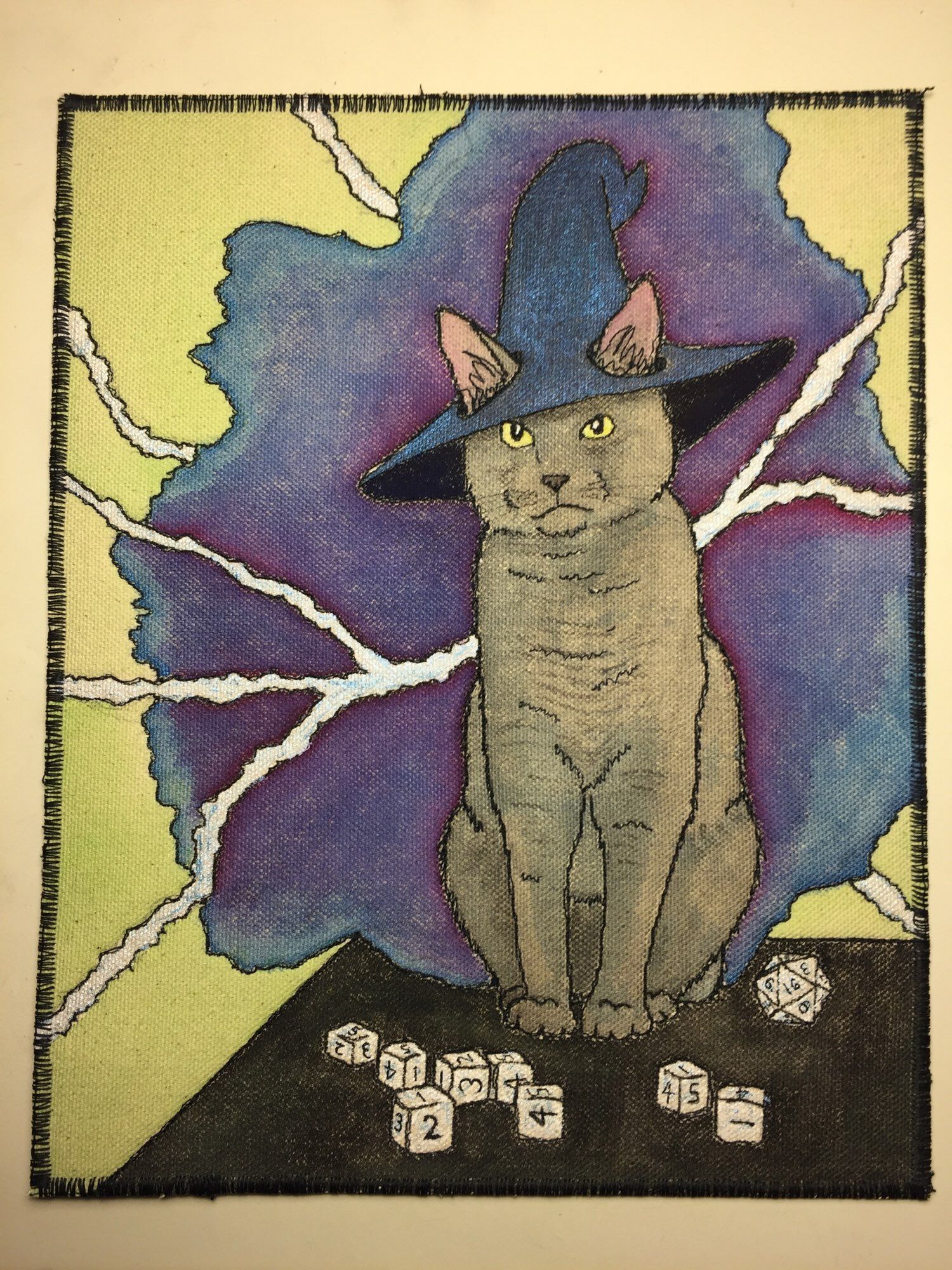 a solid grey cat sitting on a table wearing a blue-black wizard hat. on the table are 8 d6 and a d20. a purple-blue cloud and lightning bolts emanate from the cat. the background is yellow-green to match the cat’s eyes

8x10”
free motion embroidery, watercolor, and gouache on canvas