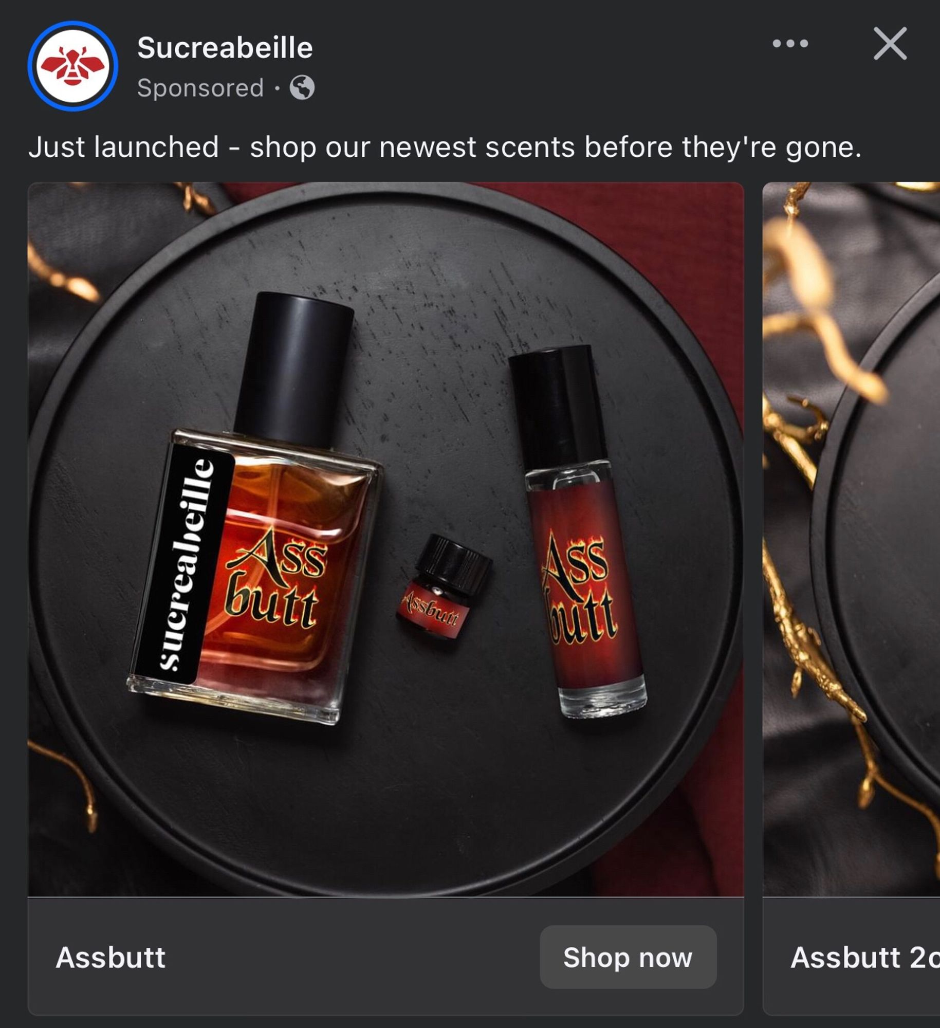 screenshot of an ad from the brand sucreabeille for a perfume named assbutt. there are three different sizes containers of it in a picture. why