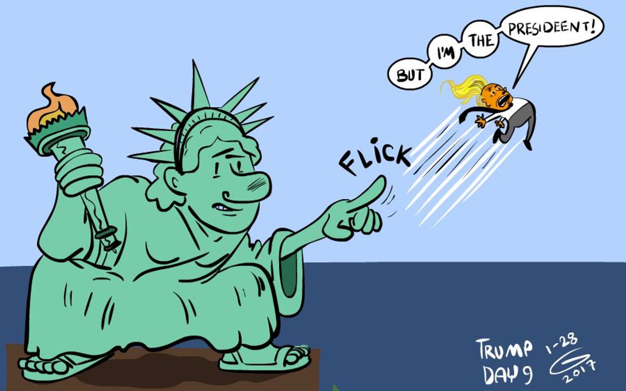 Statue of Liberty flicking Trump away like a speck of dust