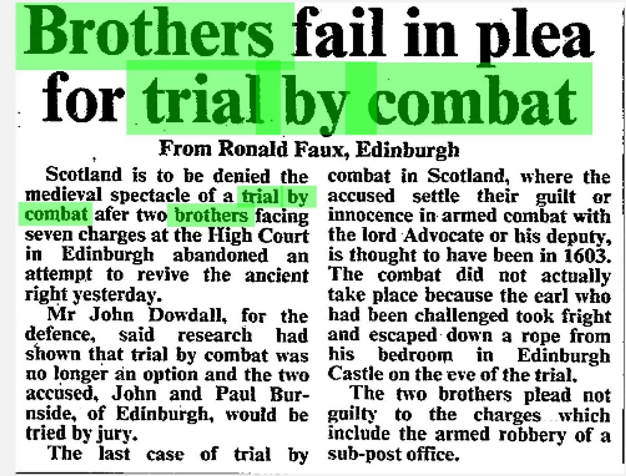 Extract from the Times Newspaper, with the headline 'Brothers fail in plea for trial by combat'.