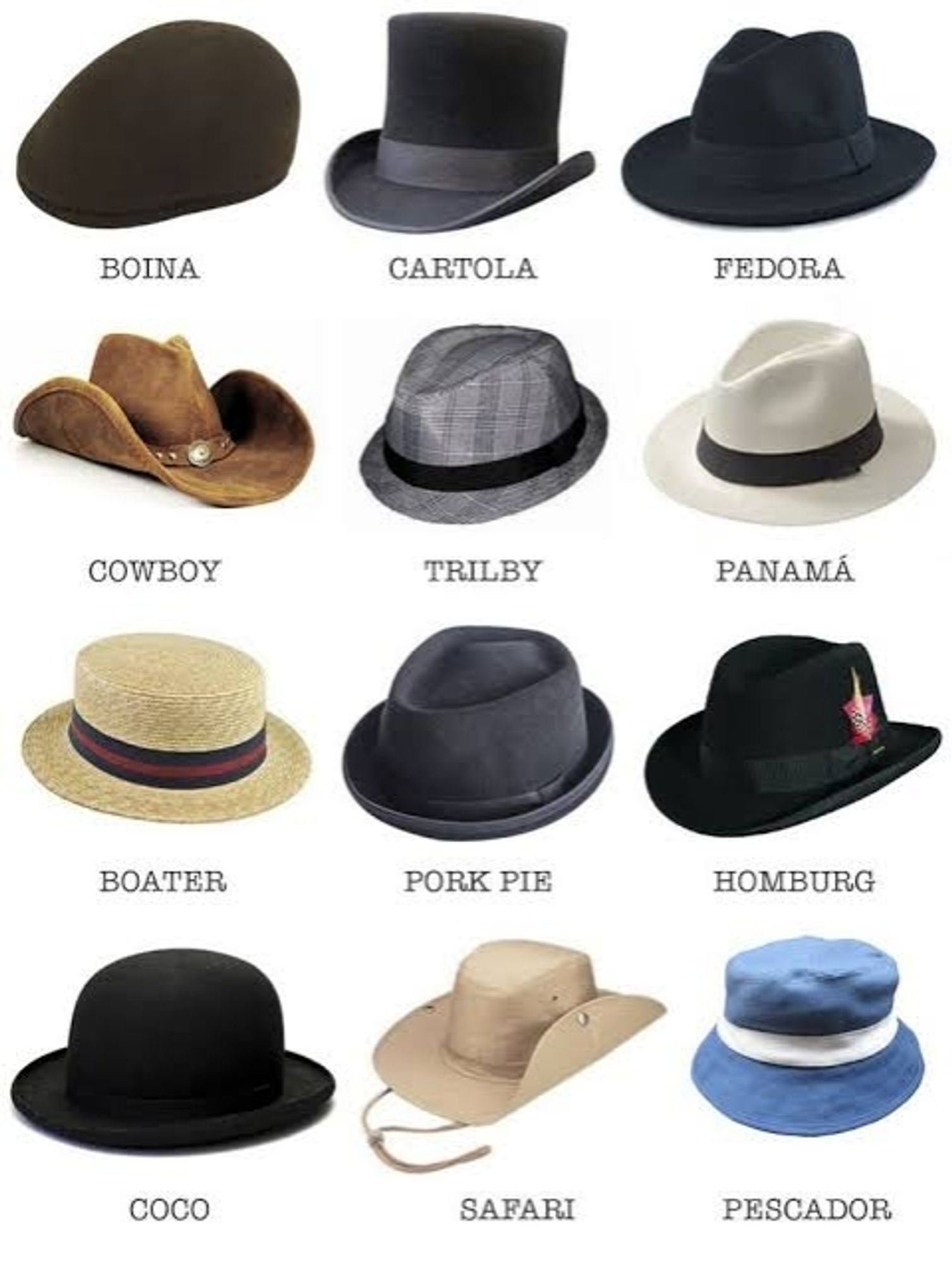 Chapéu Boina.
Chapéu Cartola.
Chapéu Fedora.
Chapéu Cowboy.
Chapéu Trilby.
Chapéu Panamá
Chapéu Boater.
Chapéu Pork pie.
Chapéu Homburg.
Chapéu Coco.
Chapéu Safari
Chapéu pescador.