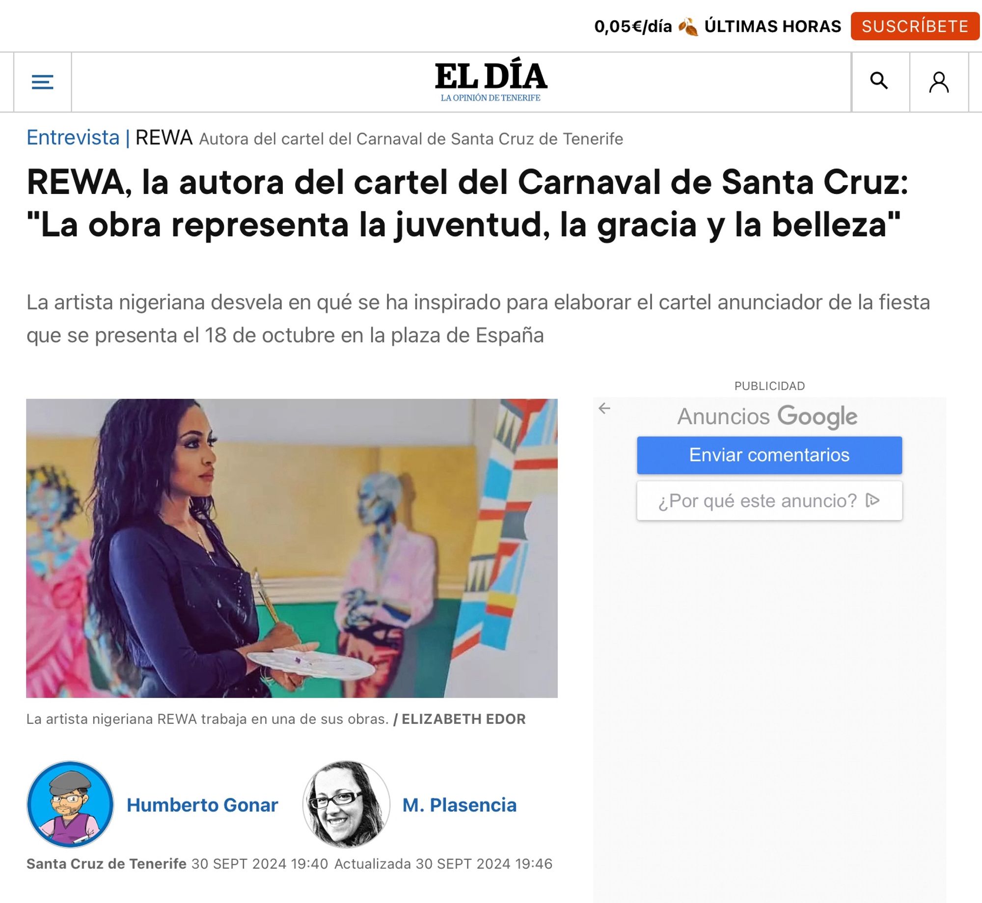 Entrevista a la artista nigeriana REWA en el periódico El Día de Santa Cruz de Tenerife. Es la autora del cartel del próximo carnaval de la ciudad.