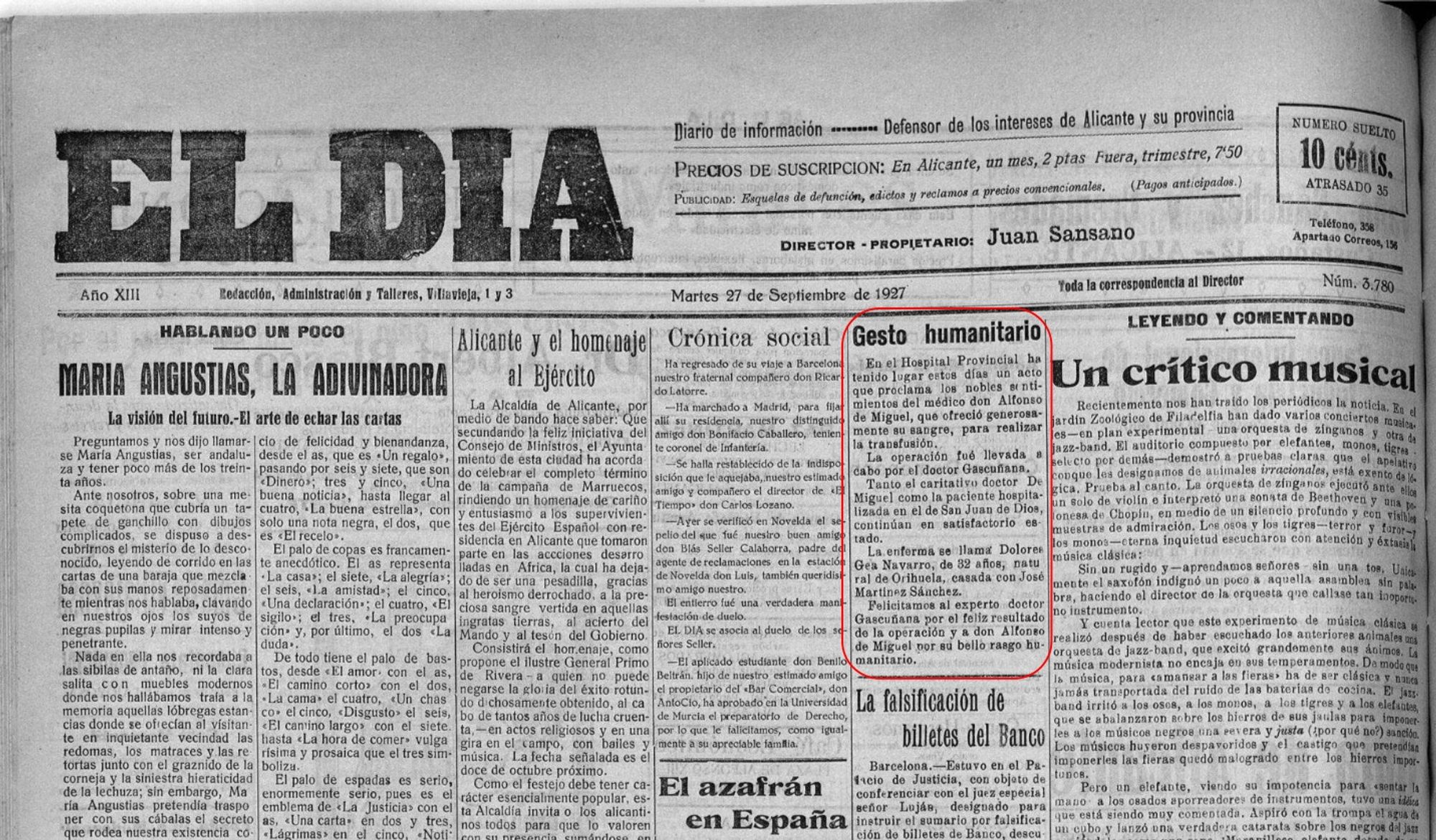 Noticia sobre Dolores Gea Navarro en el periódico El Día de Alicante publicada el 27 de septiembre de 1927.