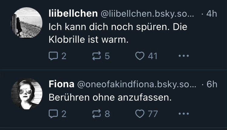 screenshot aus der timeline. 2 skeets zu sehen. oben der, auf den hier geantwortet wird, darunter von einer anderen userin: „berühren ohne anzufassen“