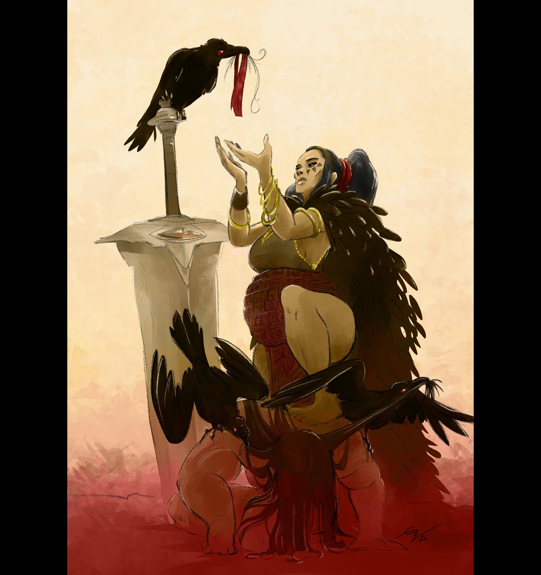 barbarian woman steping on a deafeated warrior. A crow is holding a piece of fabric in its beak.