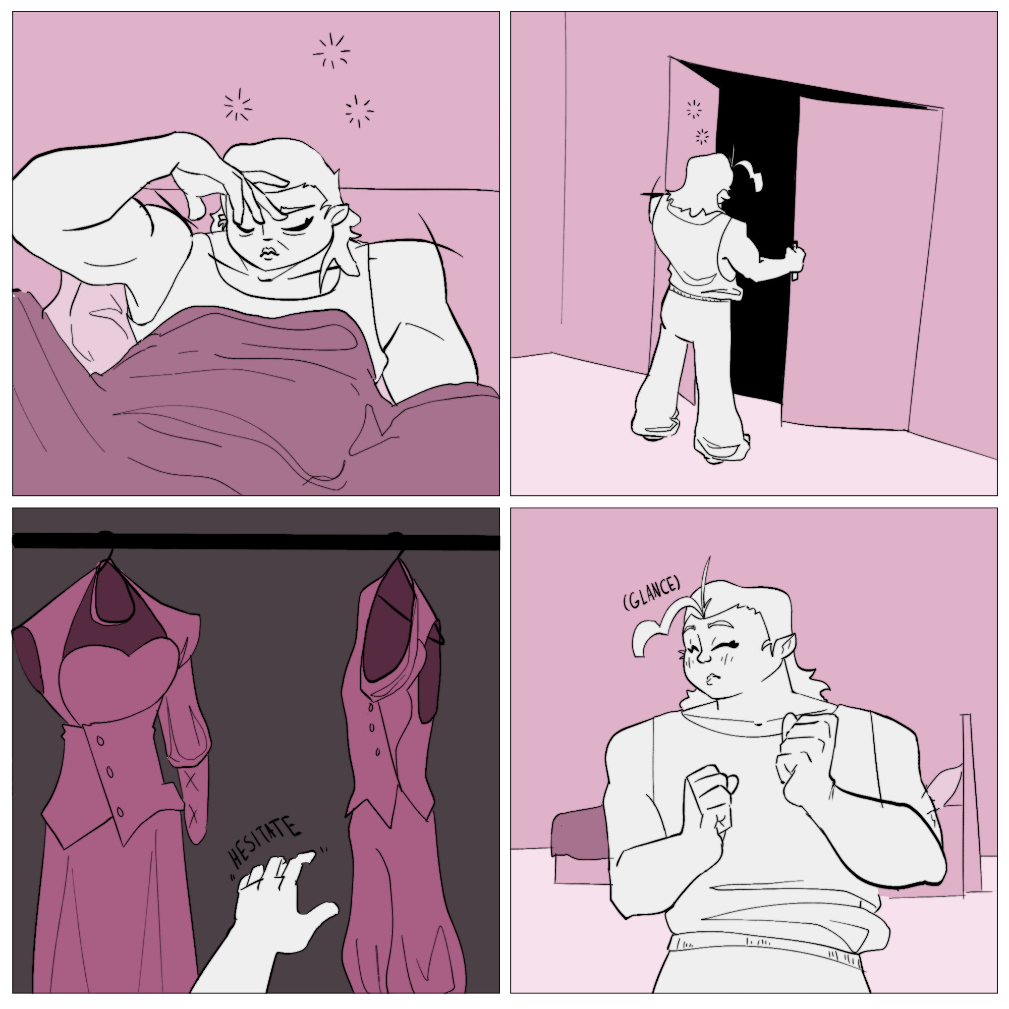 4-panel comic of my OC Zaria; she wakes up groggy and walks toward her closet, where she sees her normal clothes and a dress. She reaches for the normal clothes and then hesitates, looking around to see if anyone is watching her.