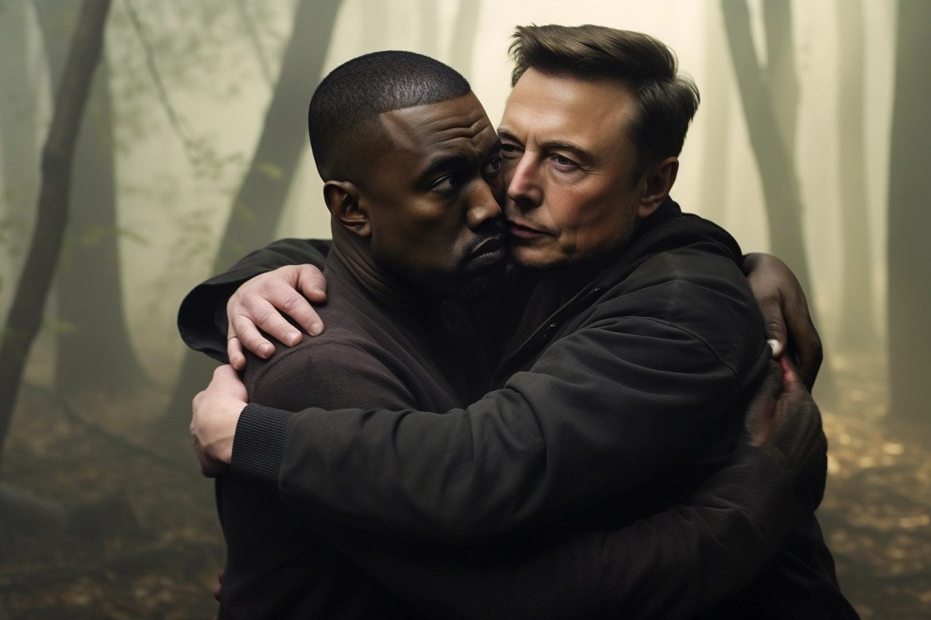 [Midjourney generated image] Elon musk and Kanye west embracing. 