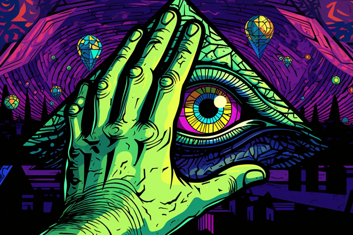 Digital art hand pushing away eye in a pyramid