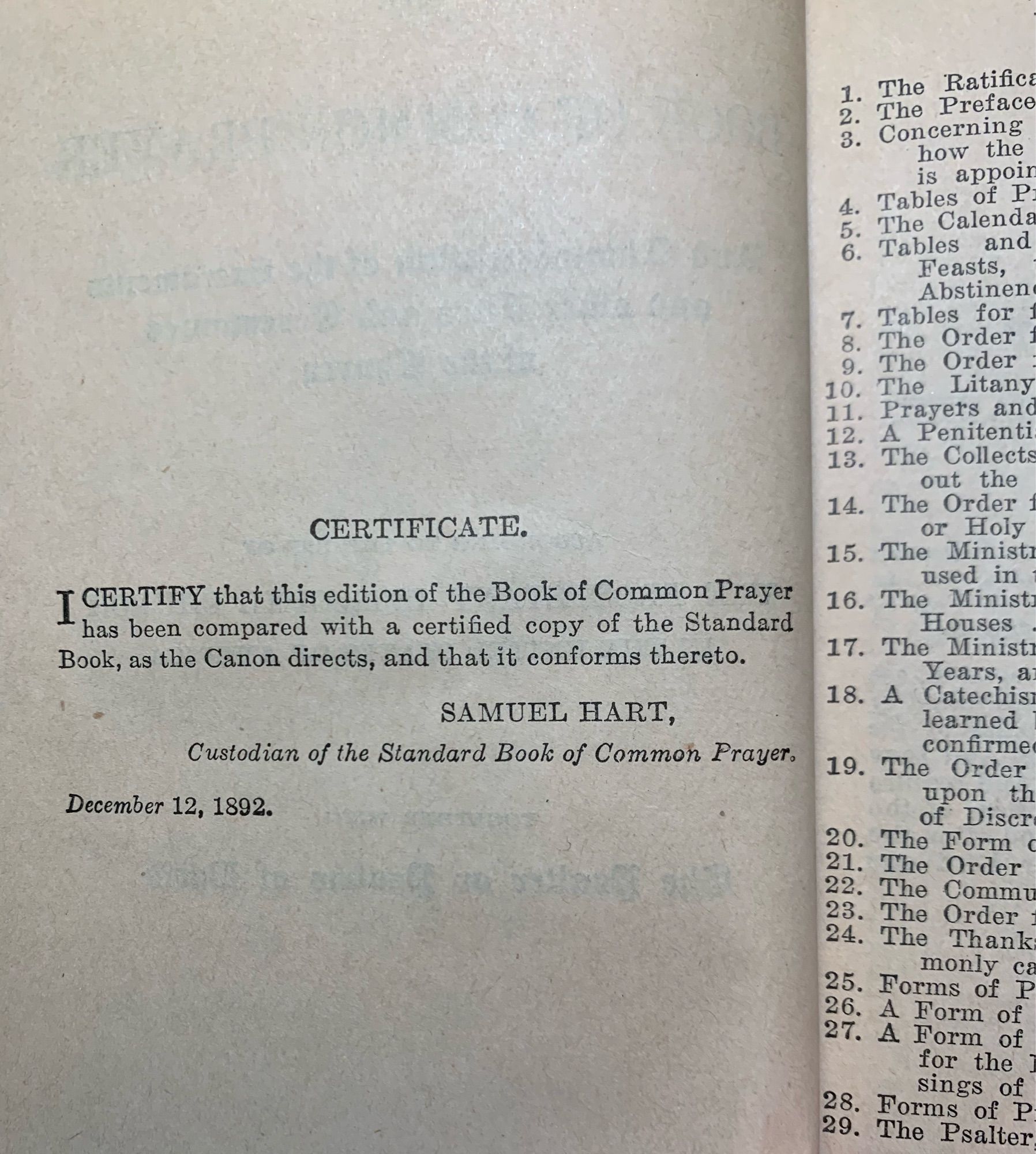 Certification page from the Book of Common Prayer, dated 1892