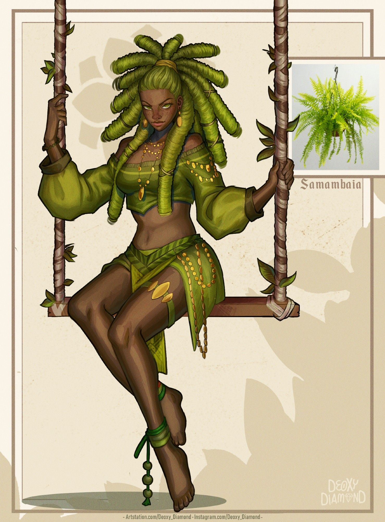 Mulher usando roupas leves uma saia e um cropped de mangas longas a roupas possui muitos acessorios pendurados em o dourado ela veste verde assim como seus cabelos de dreads e esta sentada em uma balanço ela é inspirada em uma samambaia