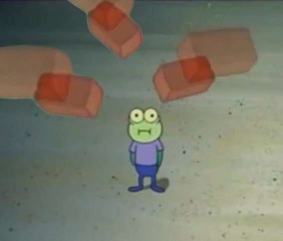 A fish from SpongeBob staring as not one, but three bricks are about to hit him in the head