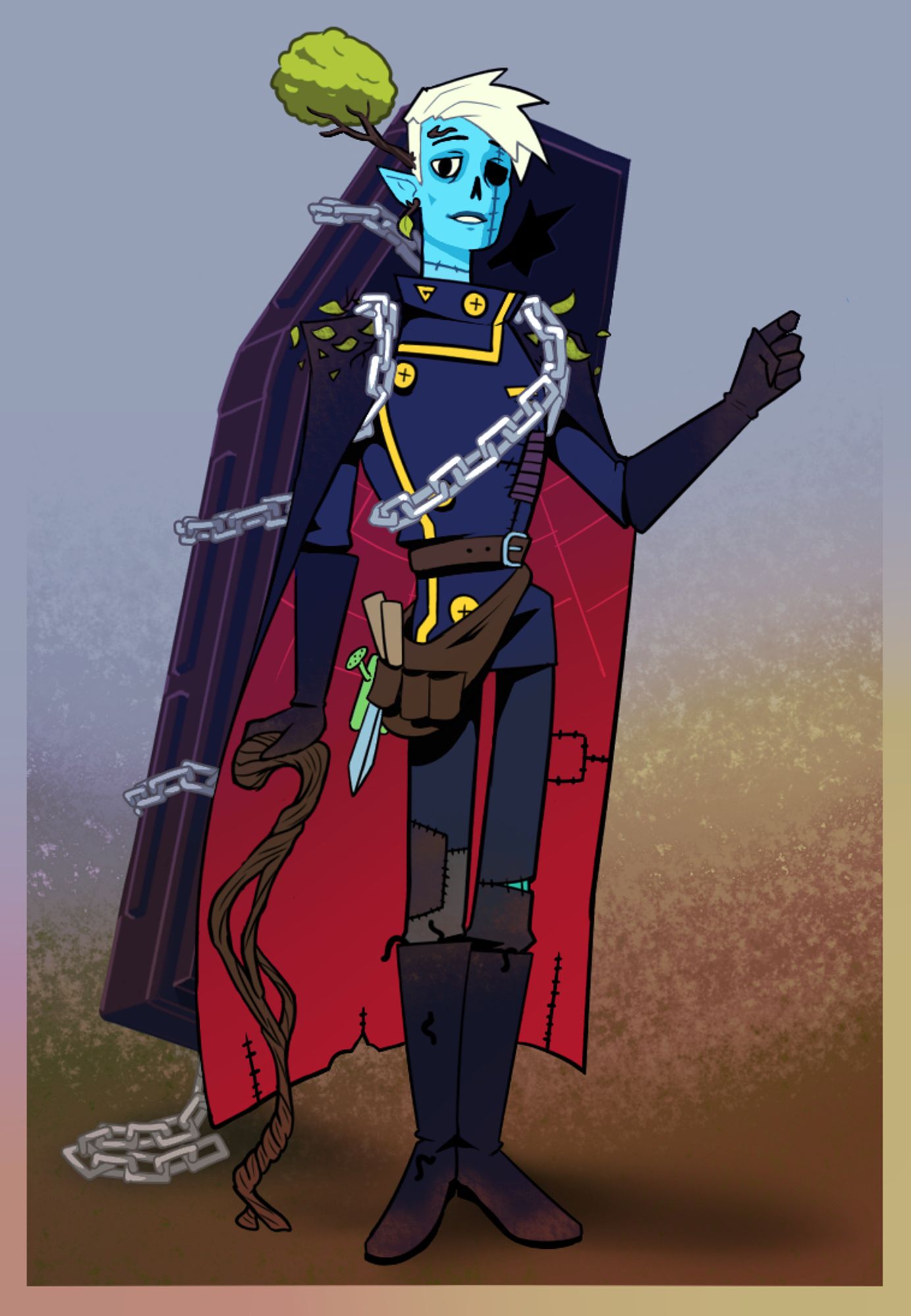 Zombie with stitched blue skin, short white hair and calm vibes, small tree coming out of the head no nose or left eye, patched up military clothes, carrying a knotted walking stick and a chained coffin on its back. #art #oc #dnd