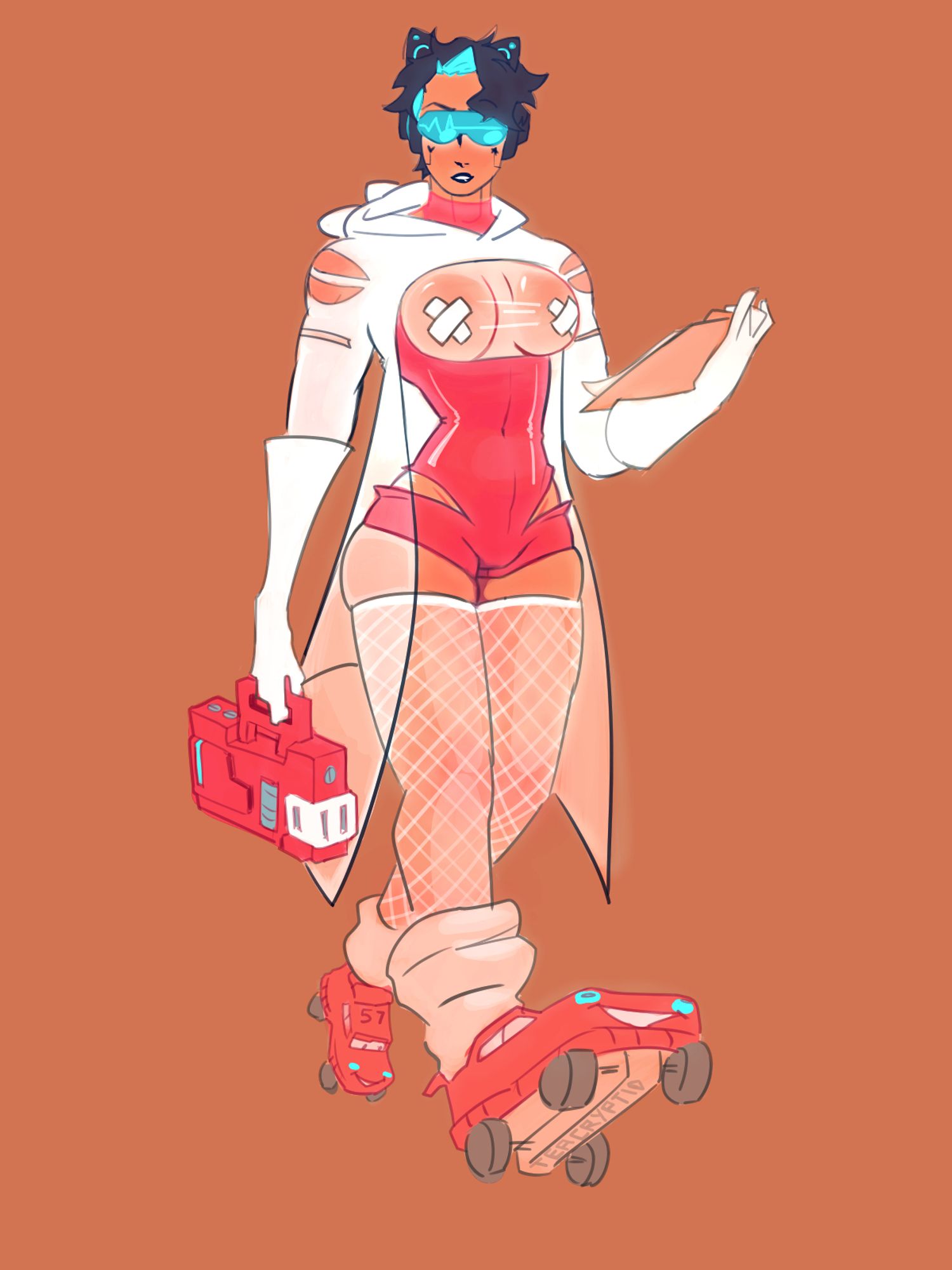 Lady with brown skin, dark blue hair with glowing highlights, cat ear headphones, heart monitor glasses and dark lipstick a raincoat with cat ears and slits on the shoulders, transluscent one-piece swimsuit fishnet thigh highs, loose socks and roller skates in the shape of lightning mcqueen, she is holding a futuristic medic bag and a clipboard.