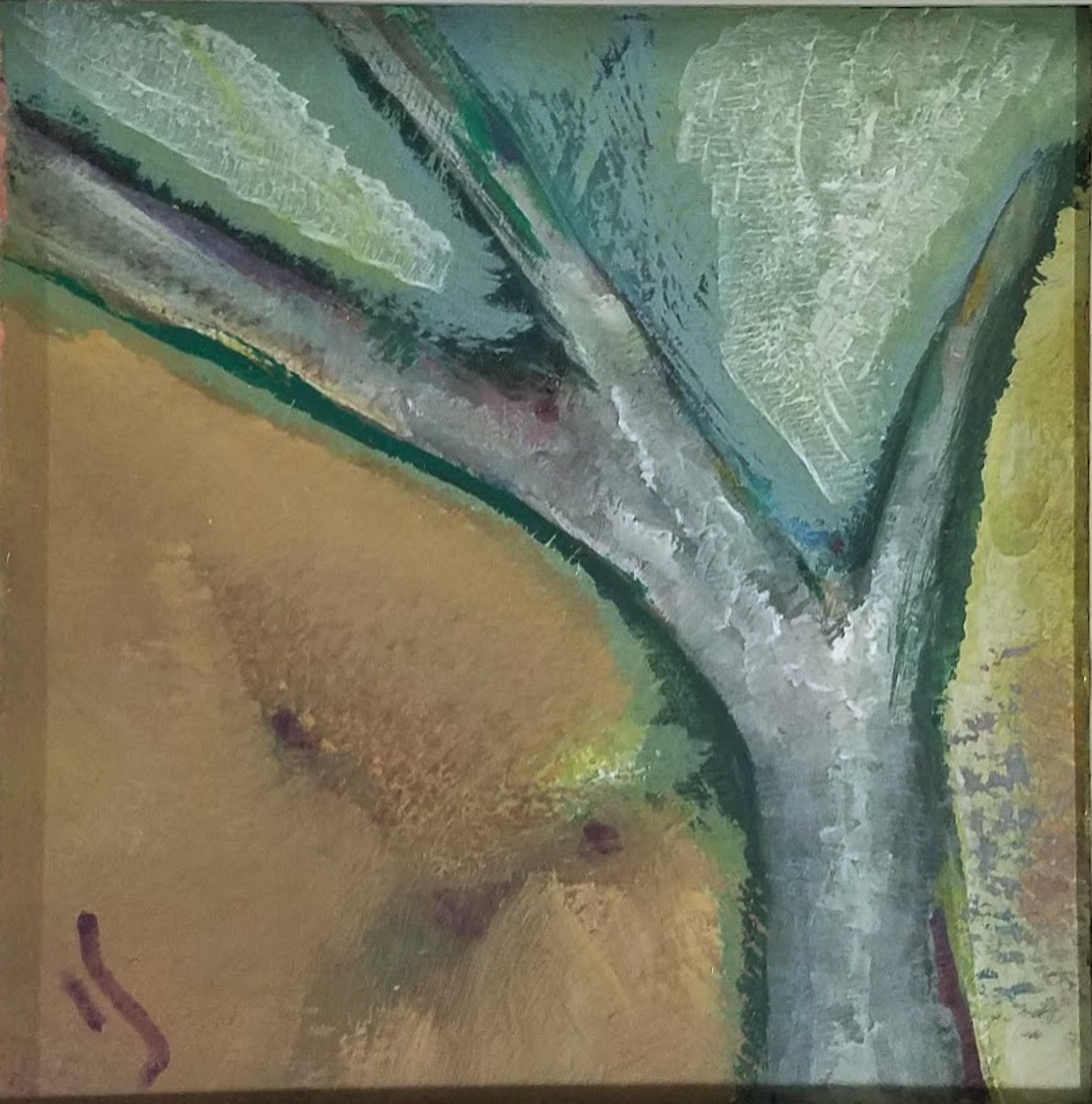 Tree motif - limbs grey-greens framed by orange and green-grey light. The bottom left most region is folded, suggesting a river bank; scrubbed region between the limbs suggest fog.  The primary tension: color complements