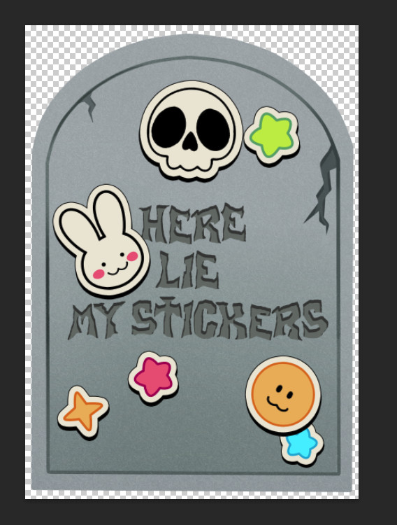 Mock up depiction of the front cover of a stickerbook! Sticker book is cut in a way that makes it appear as a tombstone, with an inscription reading " Here Lie My Stickers " 