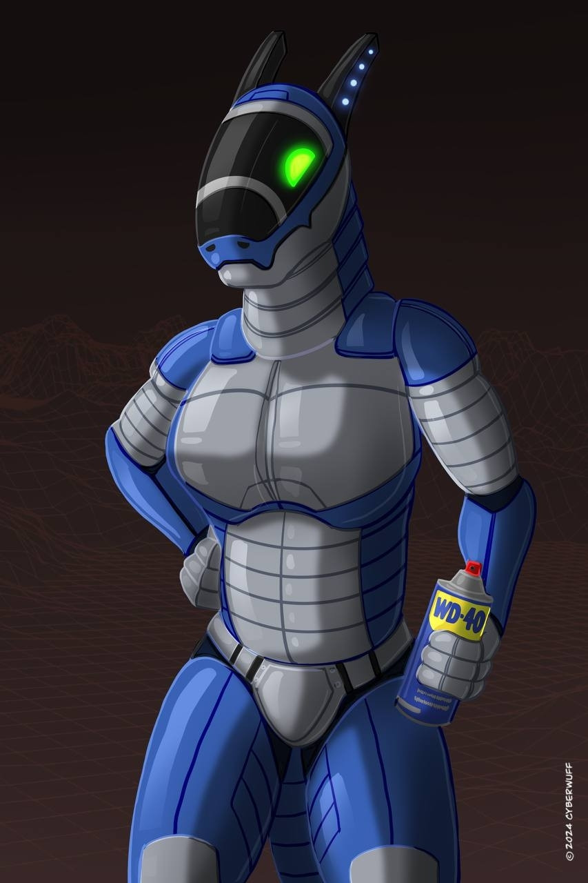 A blue and grey synth character, posing with a can of WD-40 in her left hand.