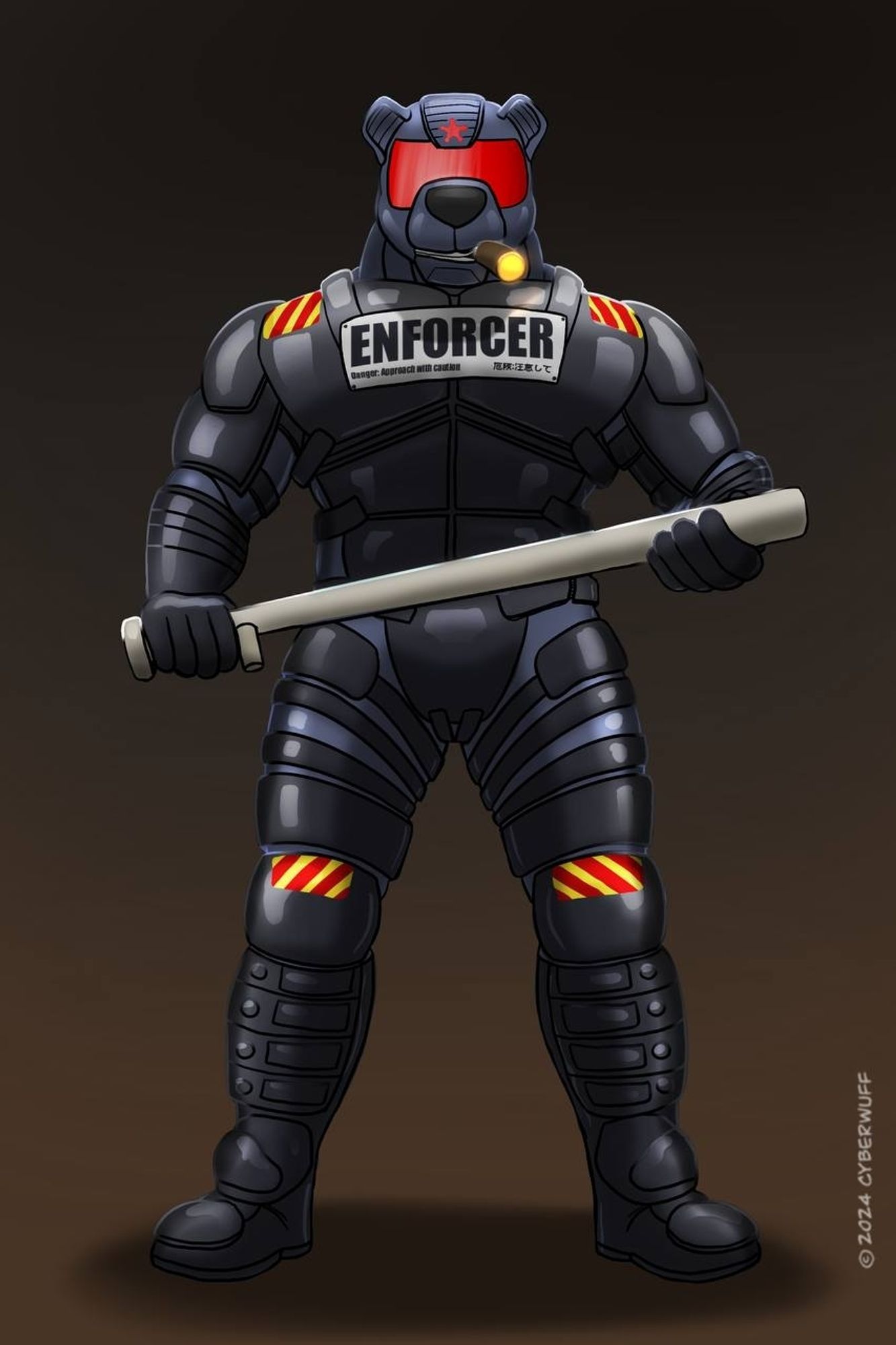 An anthropomorphic cyborg bear in heavy riot-gear armor, welding a baton threateningly as he looks down at you through his mirrored red visor.