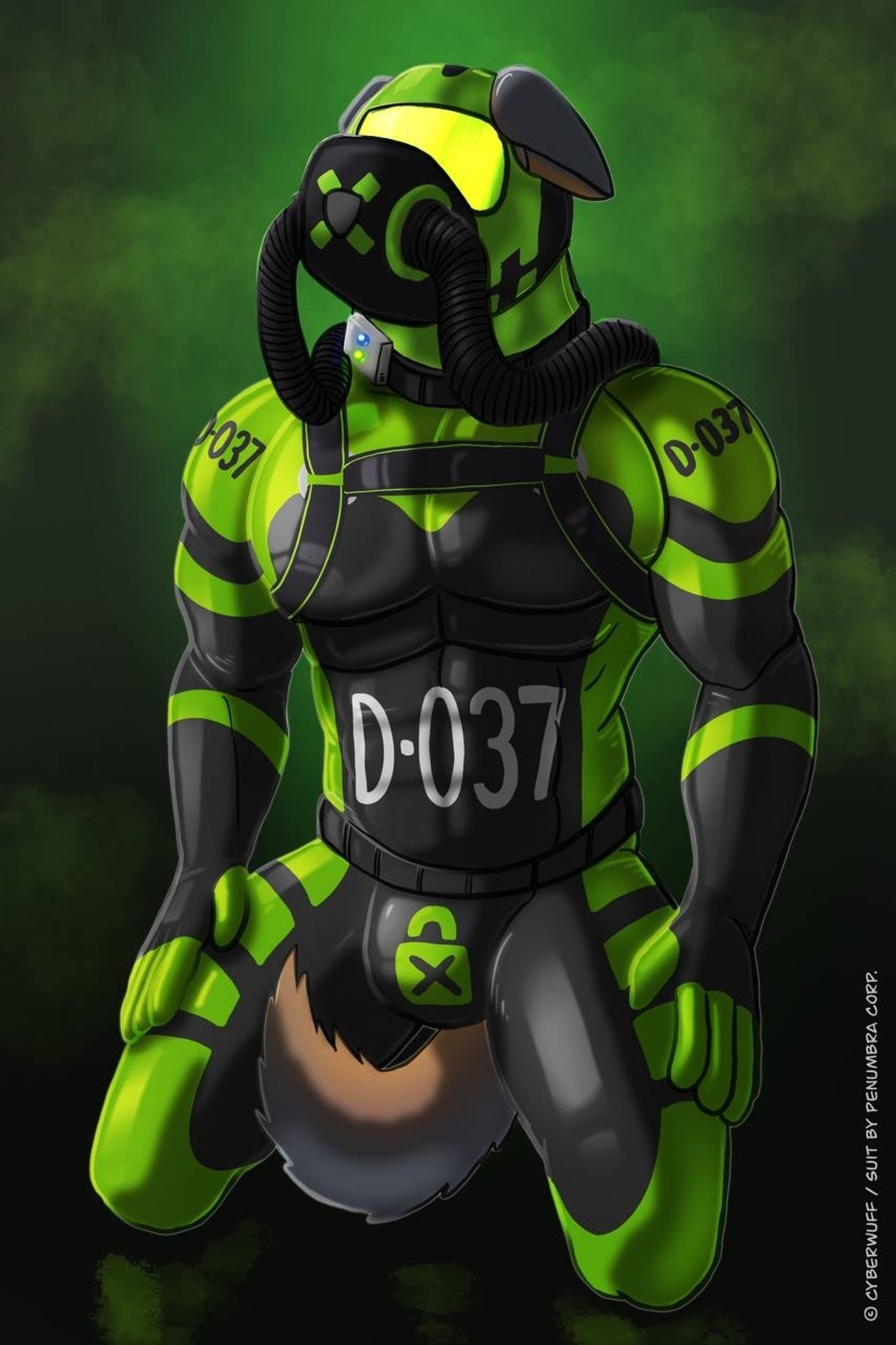 The same pup, but now his head is fully covered by a black and green hood with a glowing green visor. Black hoses connect to the side of the muzzle, and snake back over his shoulders behind him.