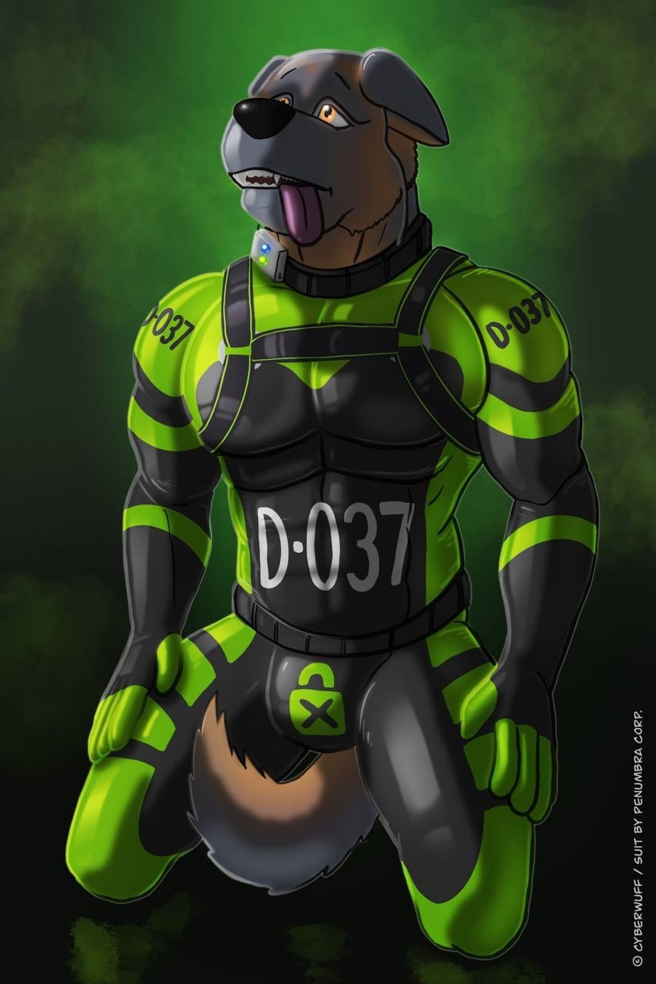 An anthropomorphic German Shepherd kneeling with his tail tucked under him, hands in his thighs. He's wearing a black and green latex suit with the designation "D-037" on it. There's a black and green harness over good chest. He has a submissive, dazed expression on his face, and his tongue lolls to one side.