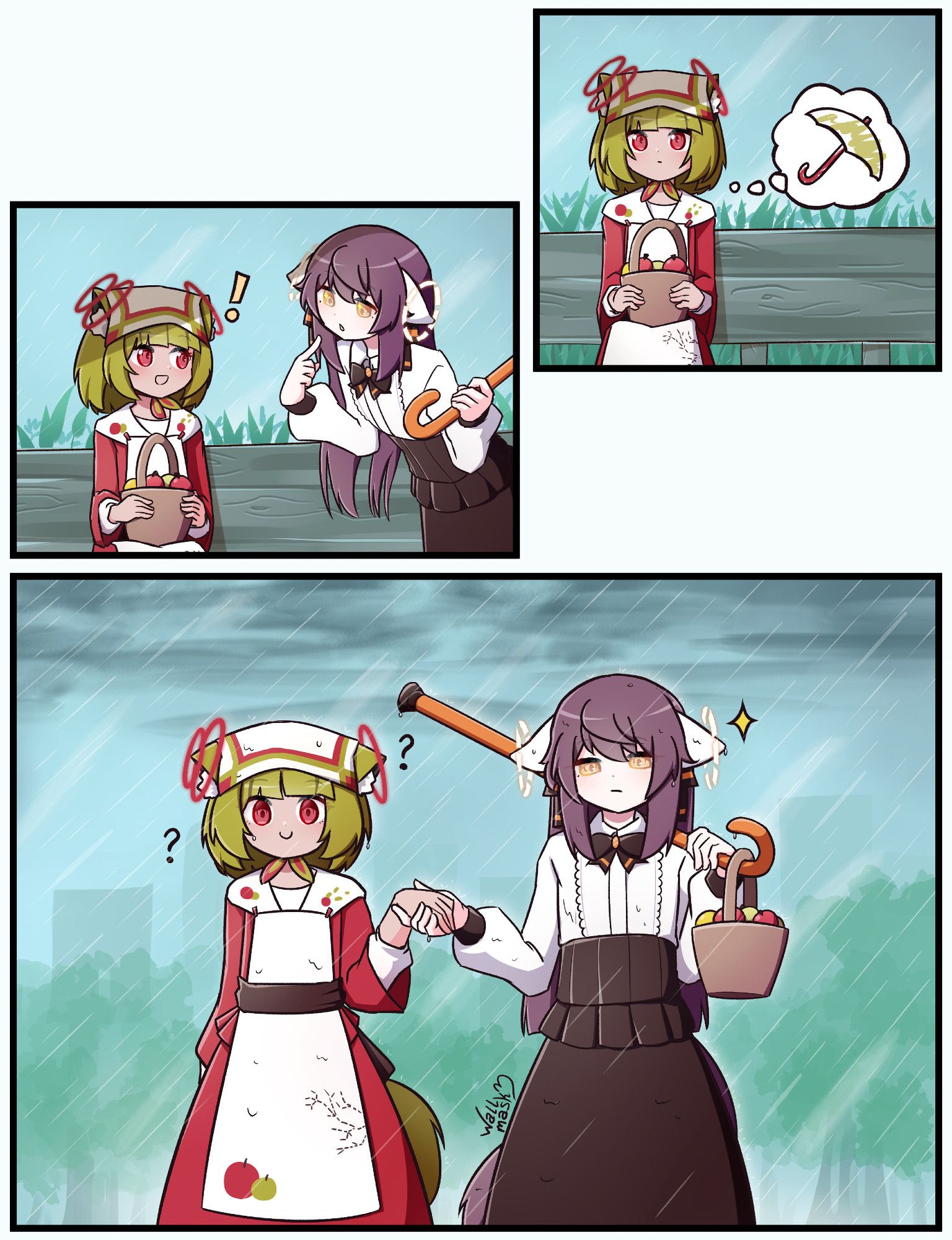 A 3-panel comic. Spica, a green hair girl, is sitting down while holding a basket of apples. Spica looks at the rain wishing for an umbrella. In the second panel, her friend Regulus offers to help, to Spica's delight. In the third panel, the thing that Regulus was holding that looked like an umbrella was actually an cane, and her help was to hold the basket of apples. Spica and Regulus is walking through the rain, with Spica looking confused.
The characters are Han ( @hannncii.bsky.social )'s original characters.