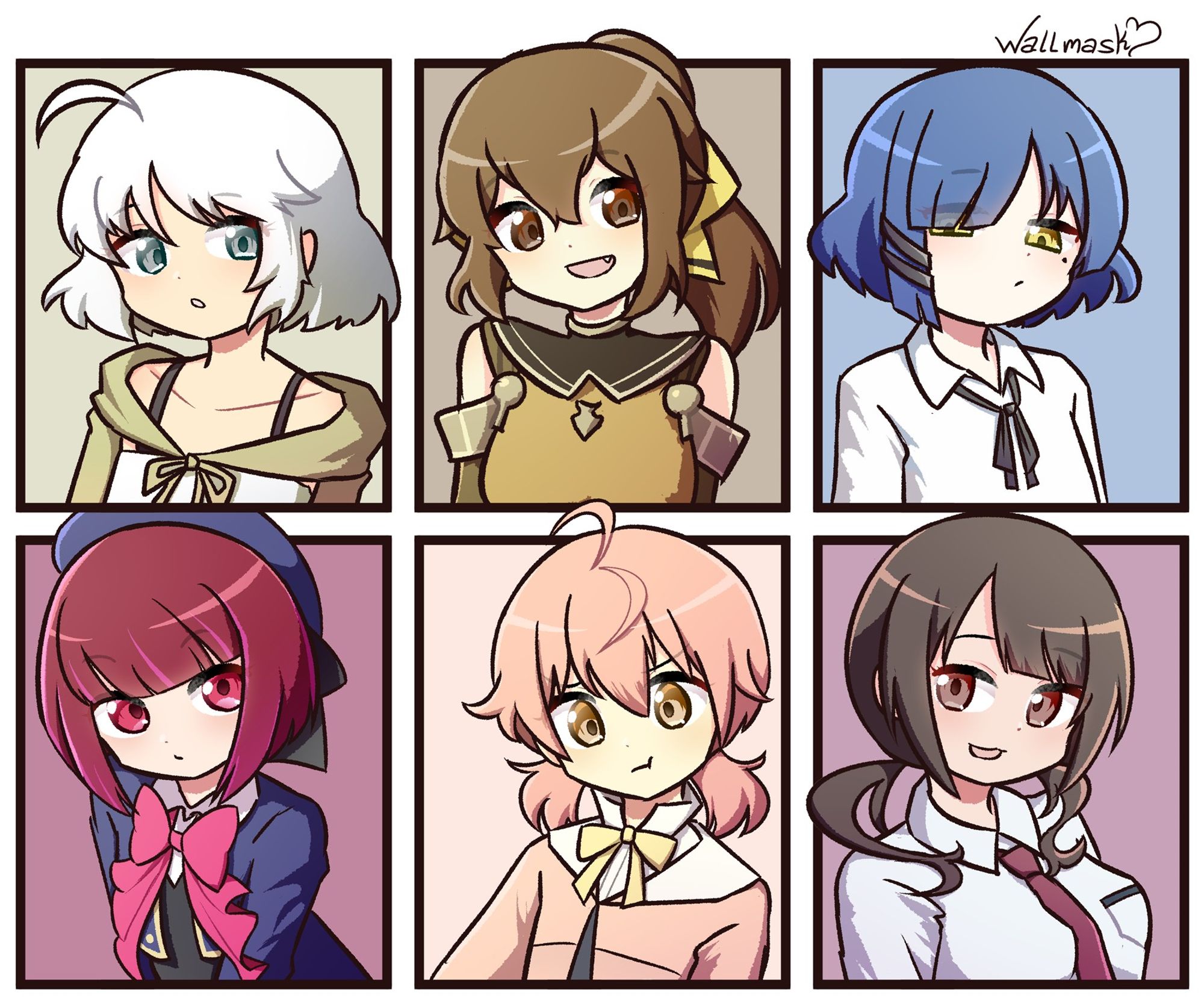 Anime style art of 6 bust shots of anime and game characters. The characters are:
Lyna the light charmer from Yu-Gi-Oh!, Delthea from Fire Emblem Echoes, Yamada Ryou from Bocchi the Rock!, Arima Kana from Oshi no Ko, Koito Yuu from Yagate Kimi ni Naru, and Okita Sawa from Tari Tari.