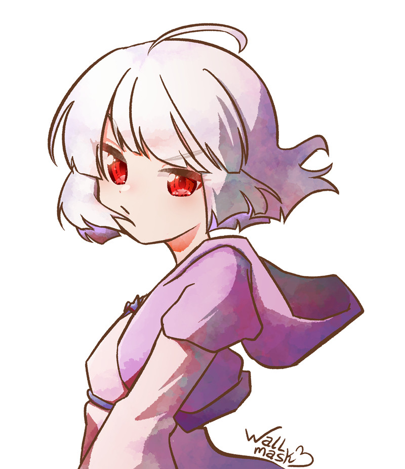 Bustshot anime style art of a girl with short, white bobbed hair and ahoge, with red eyes. She is sideways, looking angrily at the viewer. The character is my original character, Ayu