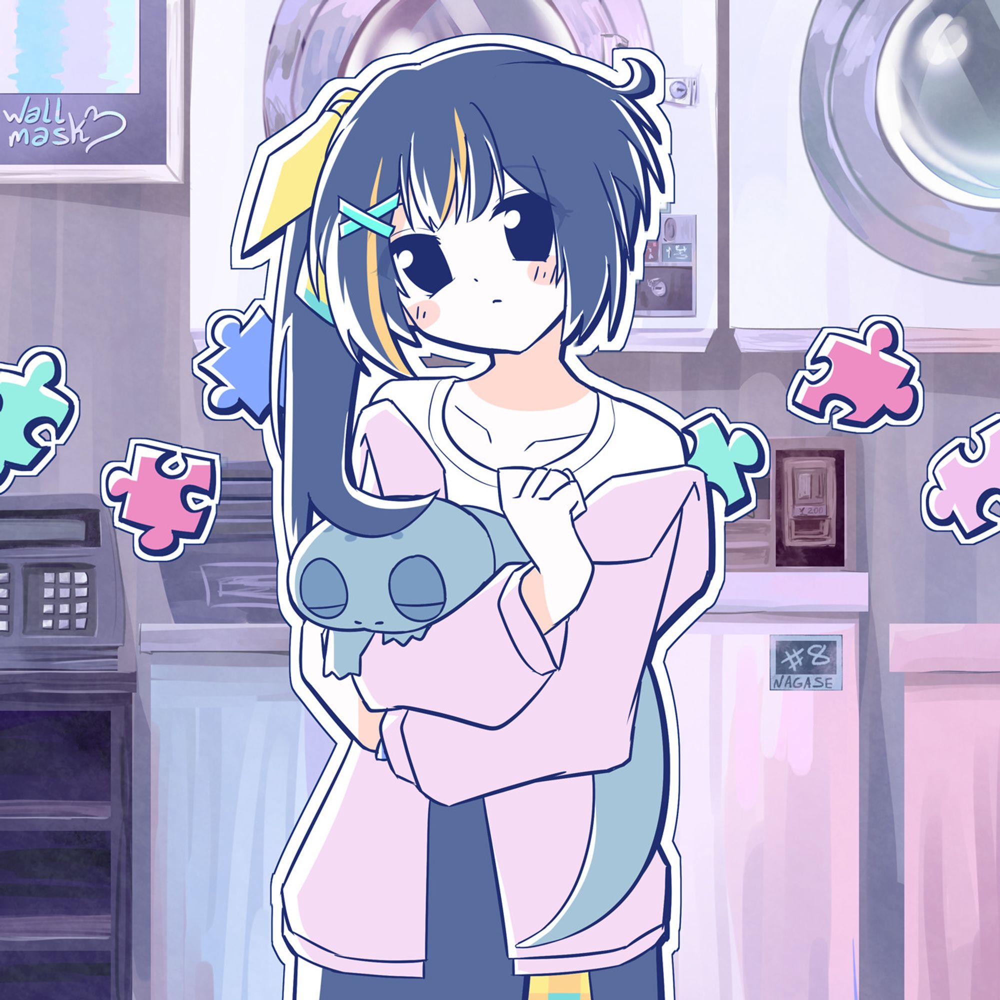 Anime style art of a side-ponytail girl, inside a laundry room, holding a lizard. Nagase Yuka is a Japanese Vtuber and music artist.