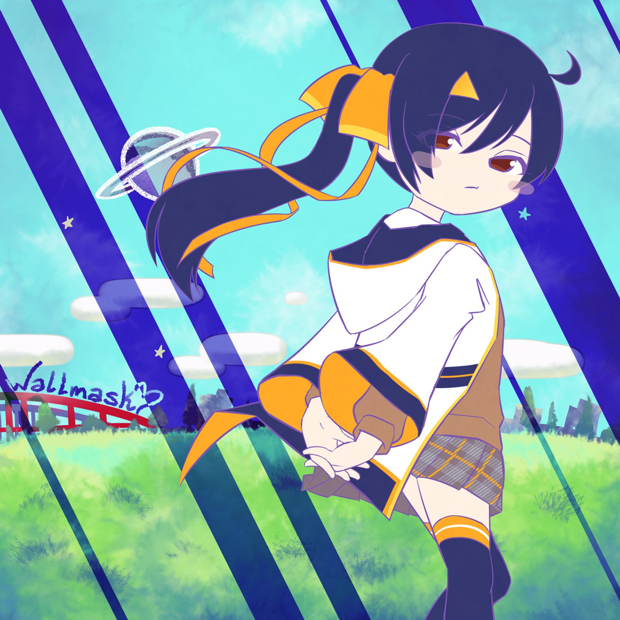 Anime style art of a side-ponytail girl, looking back, in the viewer's direction. Her hands are together behind her back. The background is a grassy field in the day, with diagonal stripes showing it as night(?). Nagase Yuka is a Japanese Vtuber and music artist.