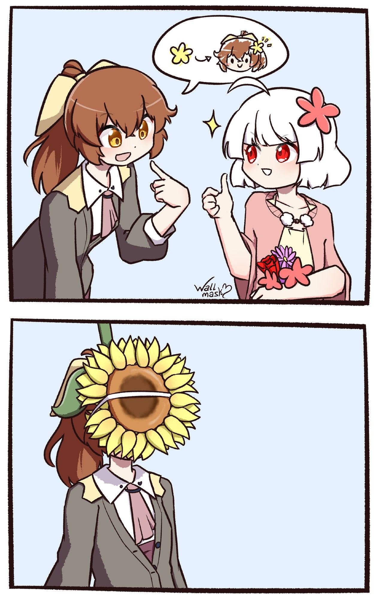 A 2-panel comic. On the first panel, a girl asks her friend for a yellow flower to use as an hair accessory, just like the friend has one. The second panel shows the yellow flower on her. The characters are my original characters Haruka and Ayu.