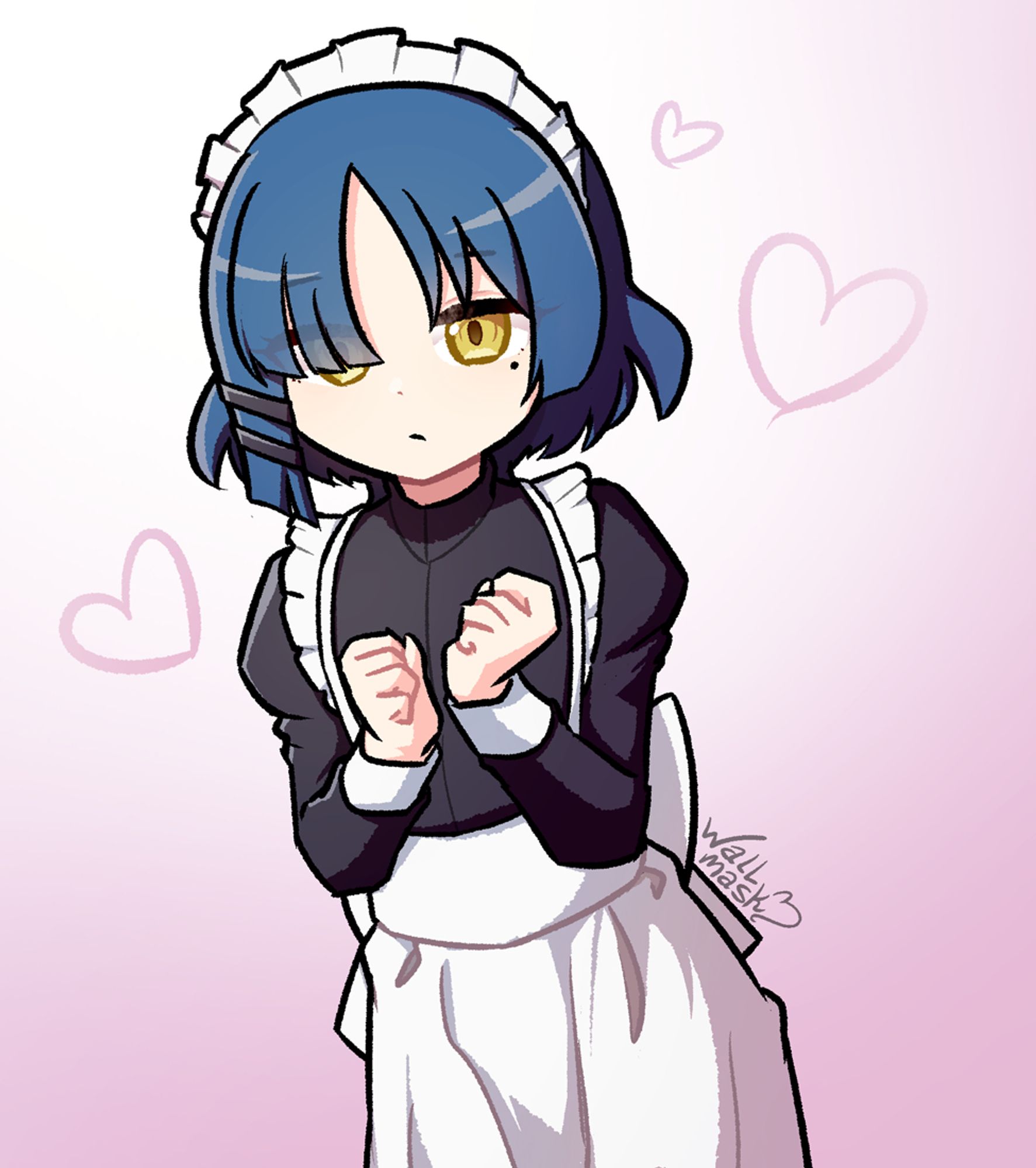 Anime style art of a girl with blue, short hair, in a maid outfit. The character is Ryo Yamada, from the manga and anime series Bocchi the Rock!.