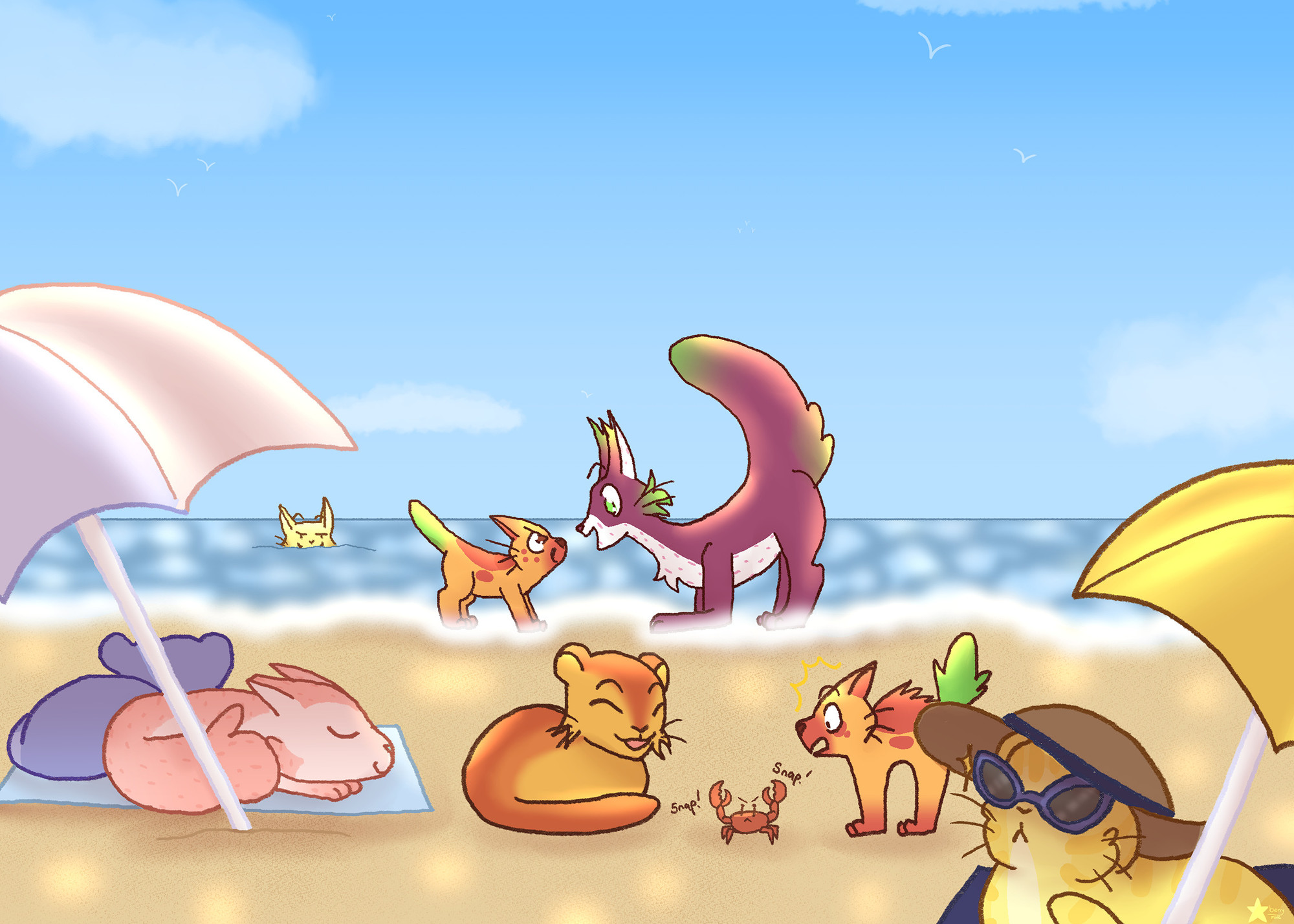 A digital drawing of all the Fruit Cats released so far. They are at the beach, from left to right we have - Tristar and Polaris napping under an umbrella, Orion in the far background peeking over the water, Meteor and Halley's Comet playing in the water. In front of them, Galaxy laughs as North Star is scared by a crab. In the far right foreground, Lumia wears a sun hat and glasses as she sits protected from the sun under an umbrella.