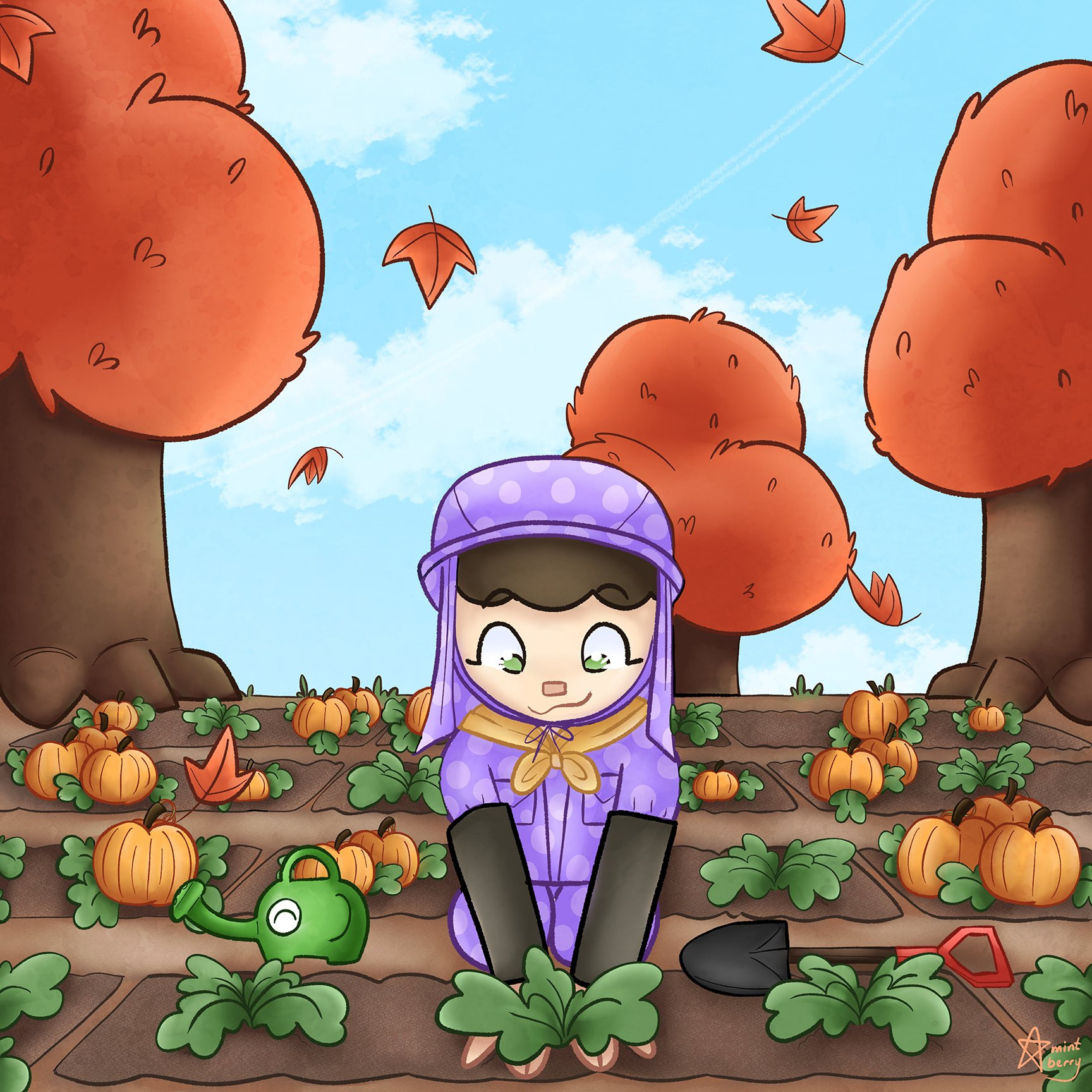 Fanart of Animal Crossing New Horizons. A player character is gardening. They are wearing a purple, polka dotted coveralls with black arm covers, and a yellow banda around their neck. Their hands are patting the dirt around a pumpkin starter they just planted. A green elephant watering can and a shovel lay on either side of them. The field around them is huge and dotted with orange pumpkins at various stages of growth. There are some trees behind them in the background, their orange leaves standing out in the background; a few are even falling towards the ground around the character. The sky is a light blue with a few clouds.