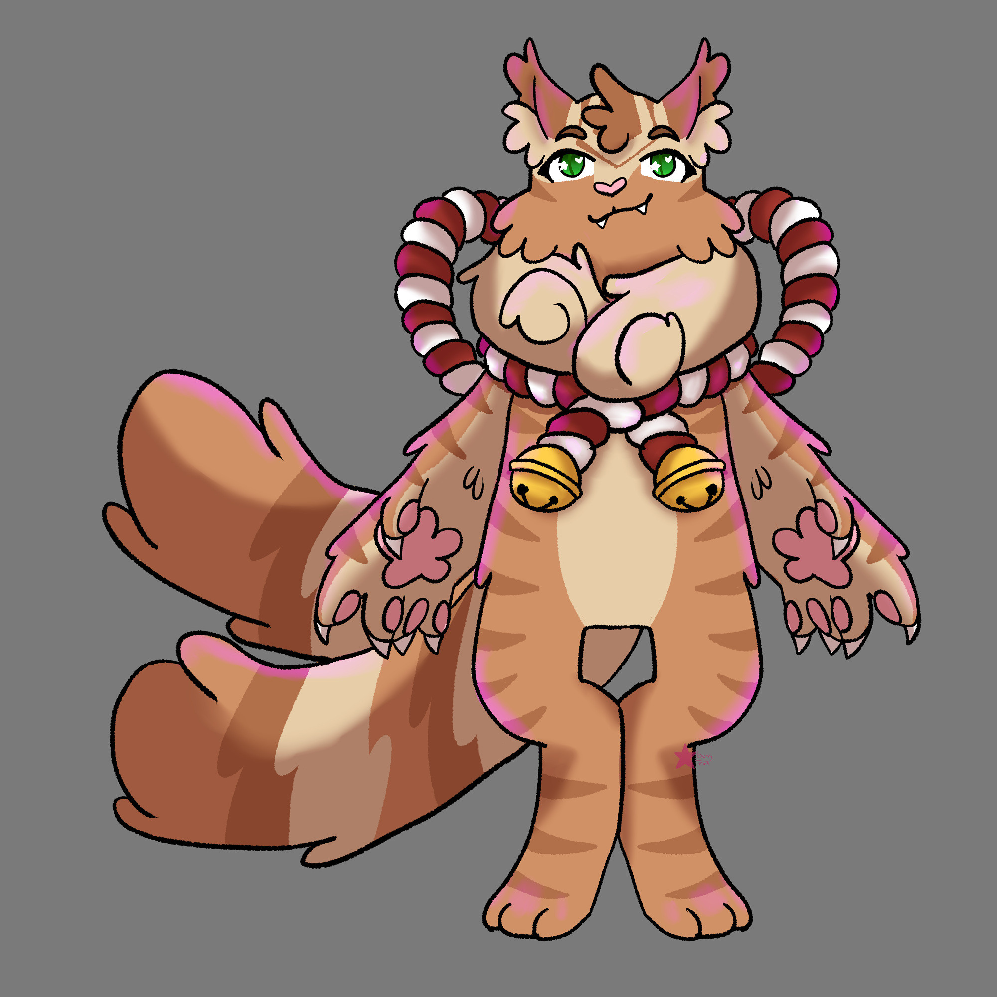 A digital drawing of a tall, fluffy, monster like orange cat. They have two very fluffy tails and large fluffy paws with pink star shaped beans. Around their fluffy neck fur, they have a large red and white rope bow with bells on the ends. They have green eyes and a pink heart shaped nose.