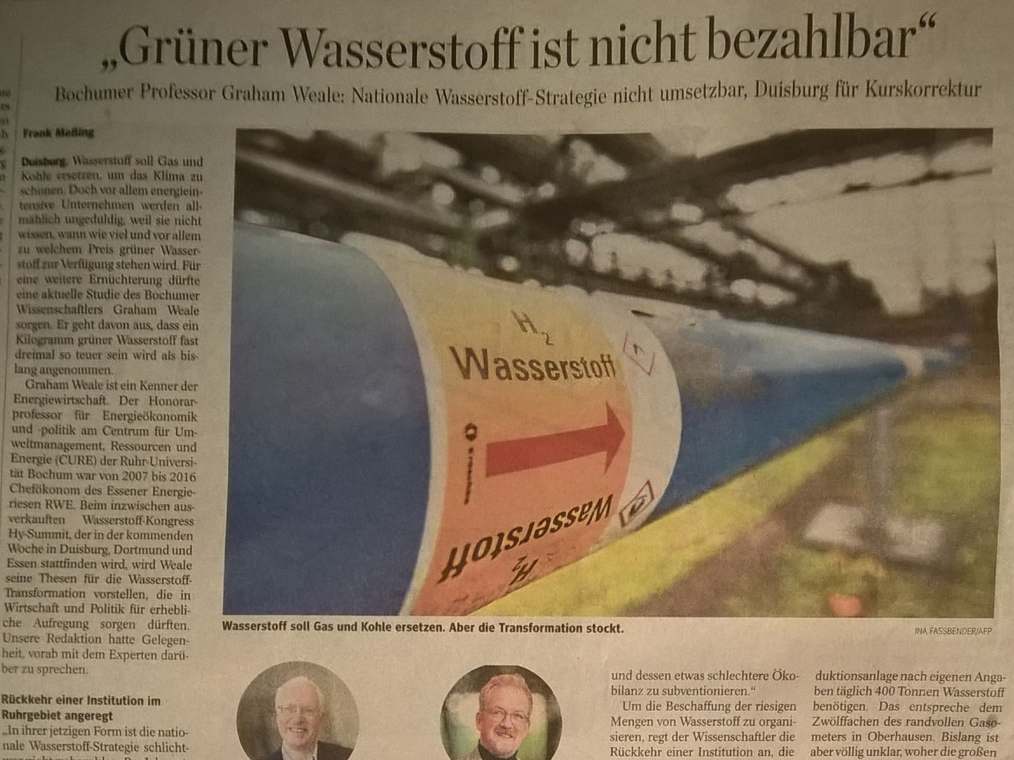 Artikel "Grüner Wasserstoff ist nicht bezahlbar" aus der WAZ vom 14.9.2024