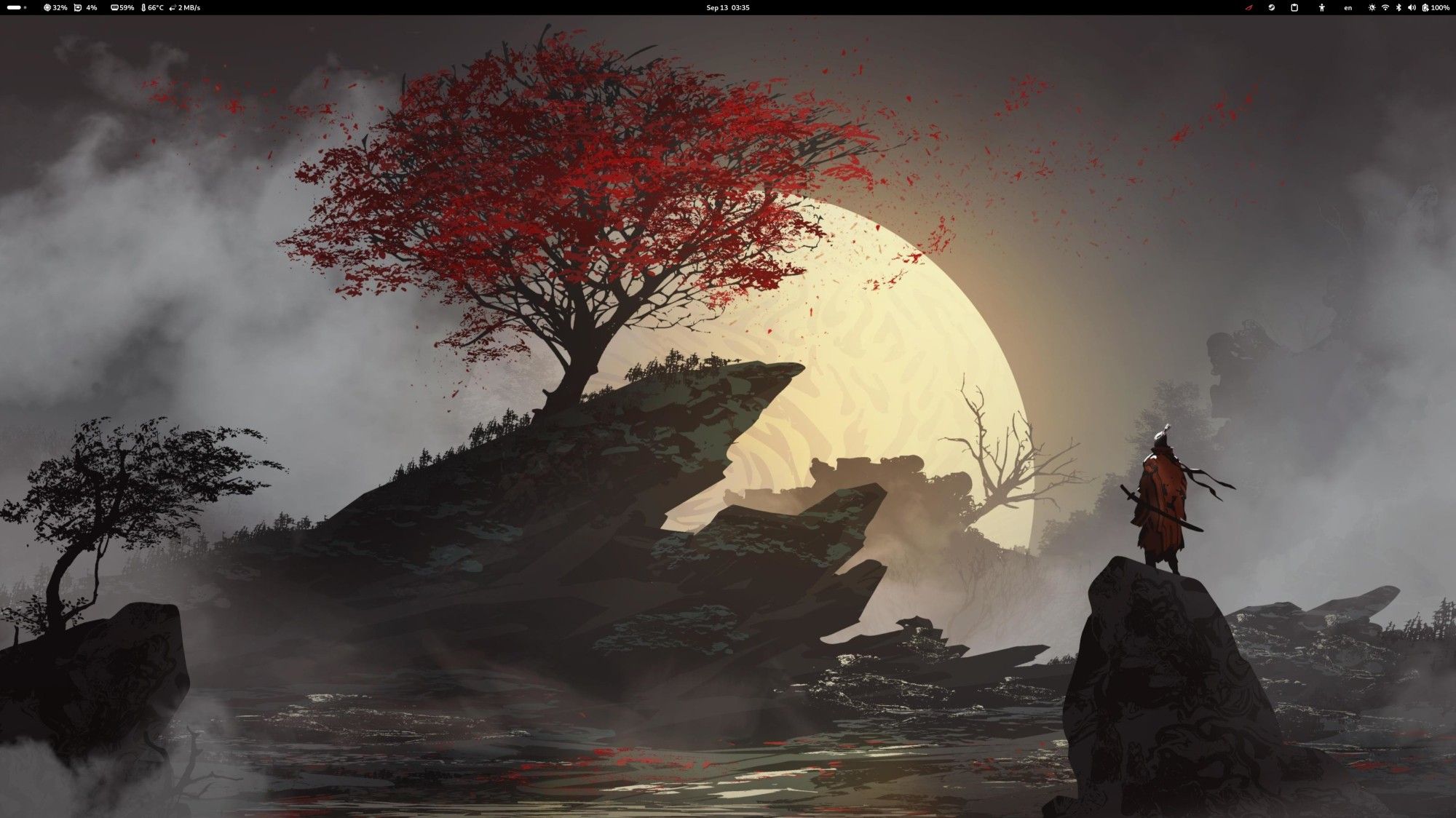 Picture showing a Linux desktop with a Sekiro fanart wallpaper showcasing a beautiful scenery from the game.