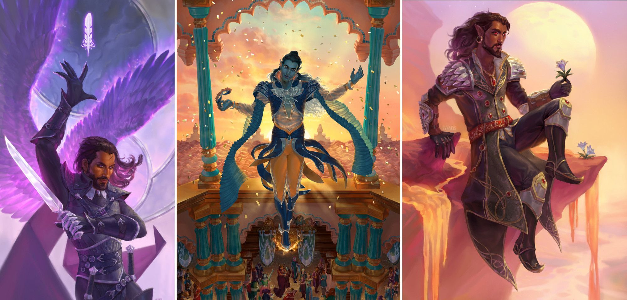 Three illustrations, showing Lucanis from Dragon Age: The Veilguard, Dorian Storm from Critical Role and Wrathion from World of Warcraft.