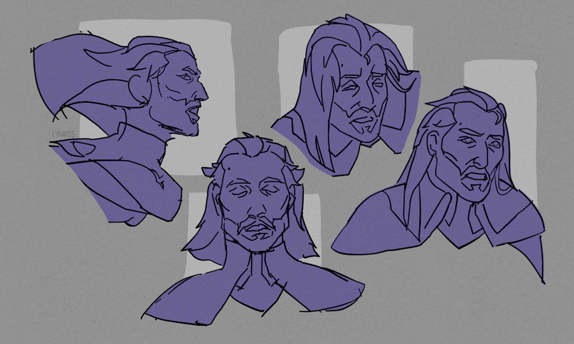 A set of Lucanis face sketches with different flavors of unhappy expressions. They are in flat colors against a gray background.