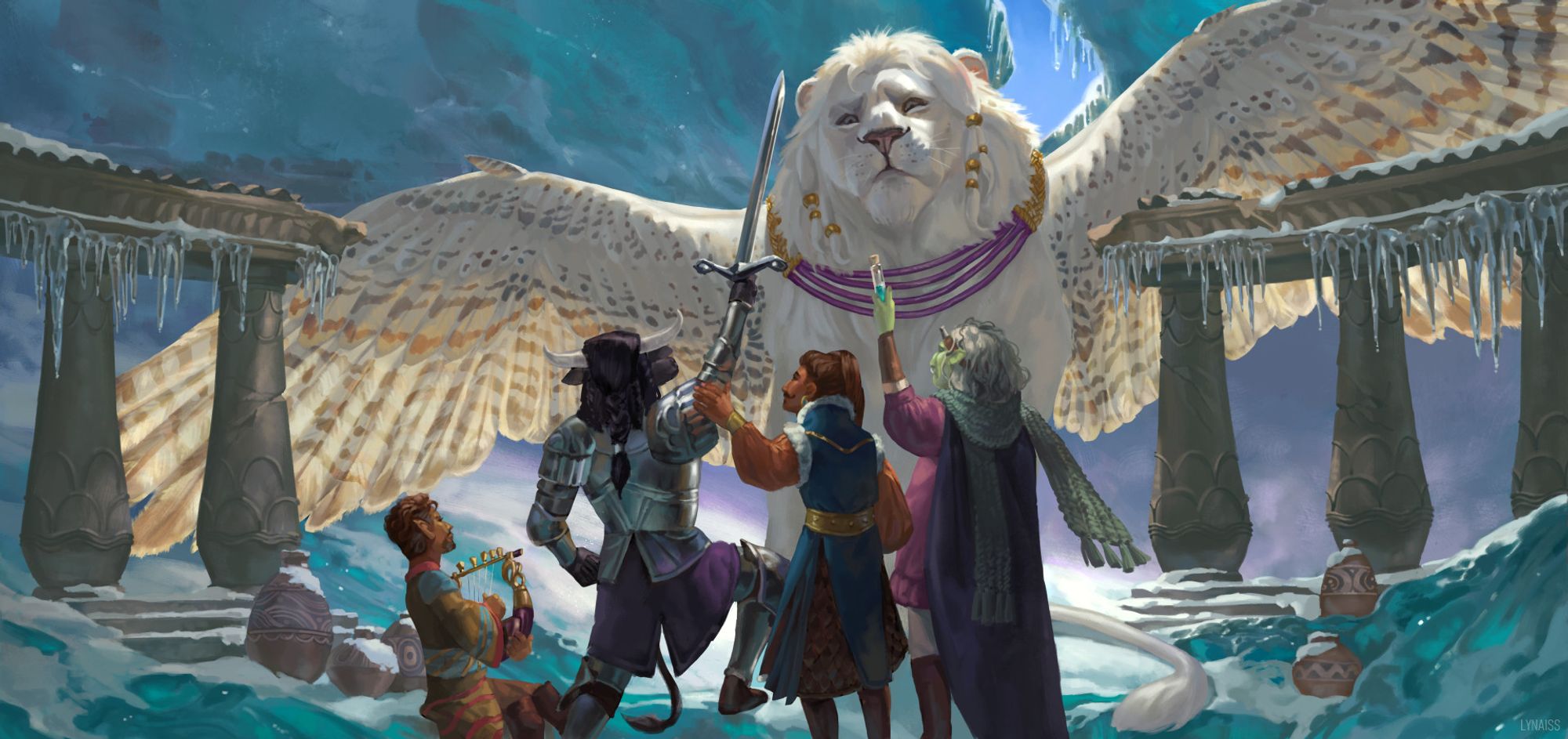 Illustration showing an androsphinx looking over a band of adventurers with a judgemental look as they show off their talents.