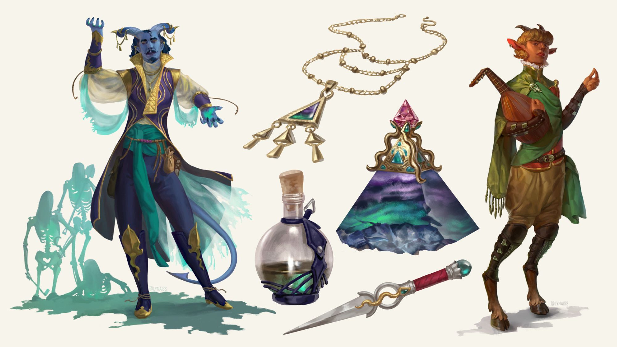 Spot illustrations showing two fullbody pieces of a tiefling and a satyr, and several props with fluorite crystal details.