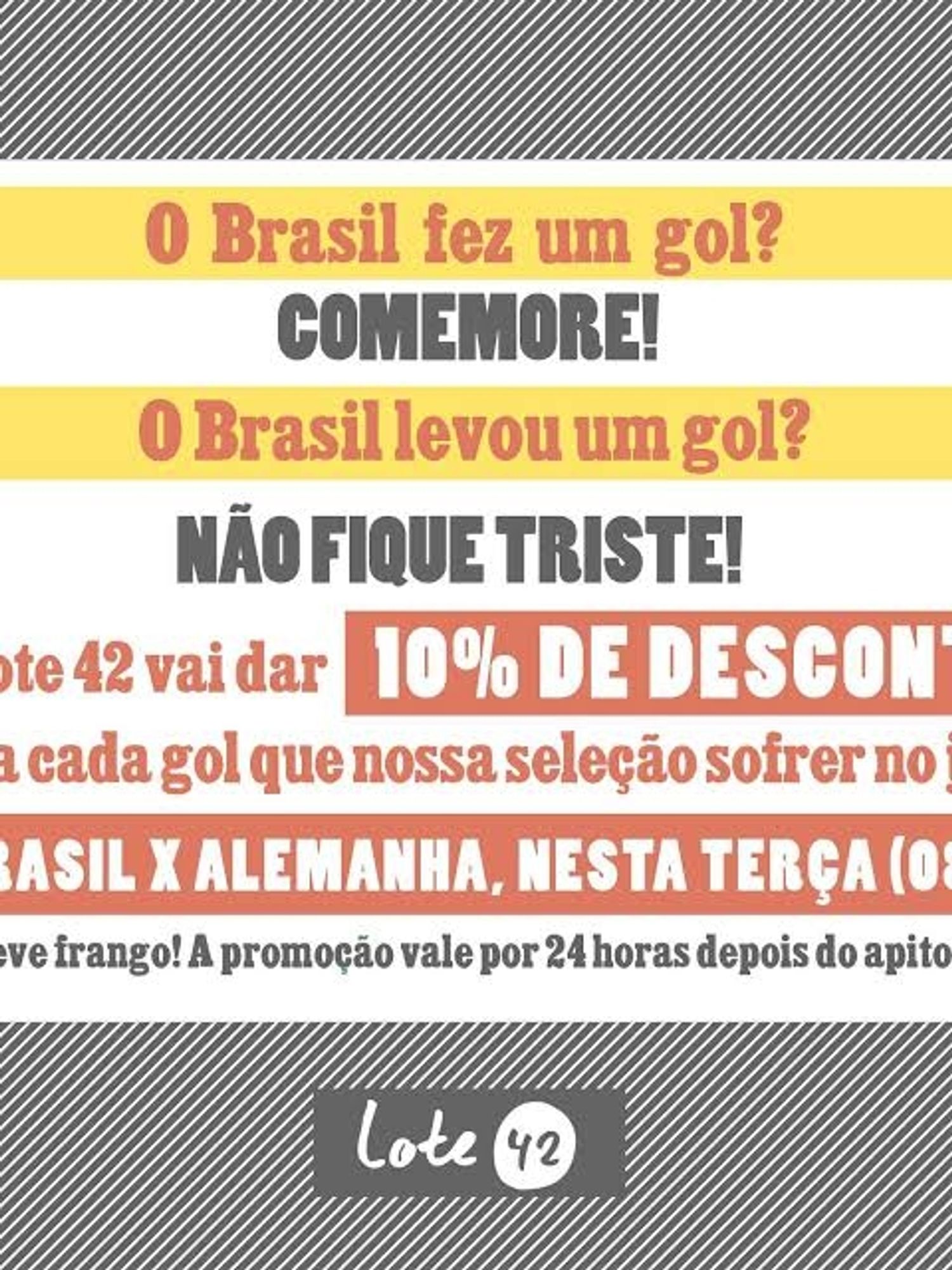 Imagem de divulgação de uma promoção da livraria Lote 42 que dava 10% de desconto a cada gol que o Brasil levasse no jogo contra a Alemanha