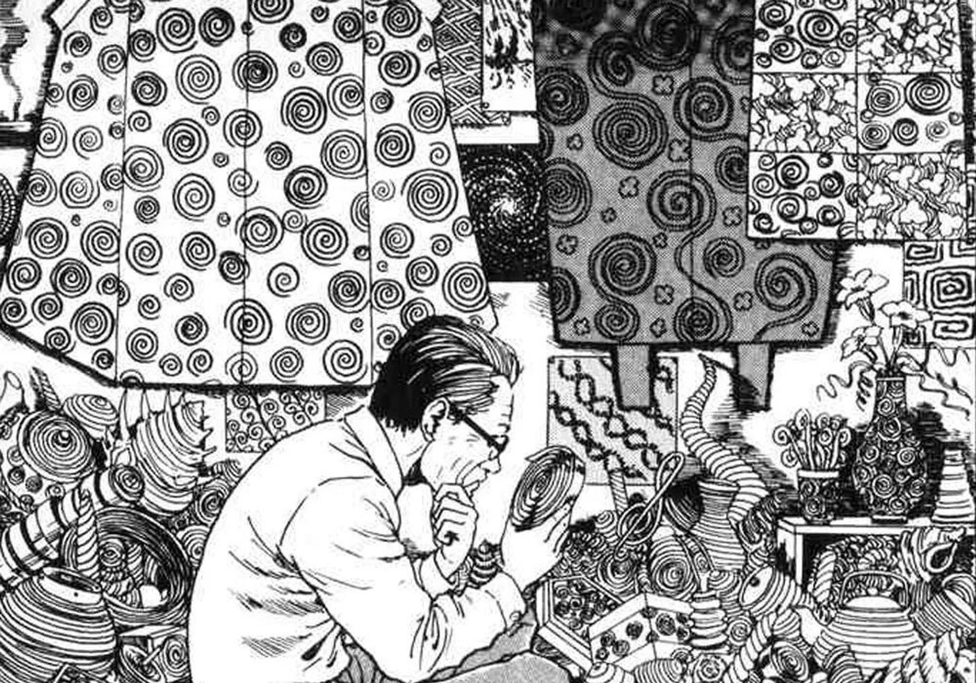 A manga panel from Uzumaki. A man sits in a room full of spirals, examining them with great intensity.