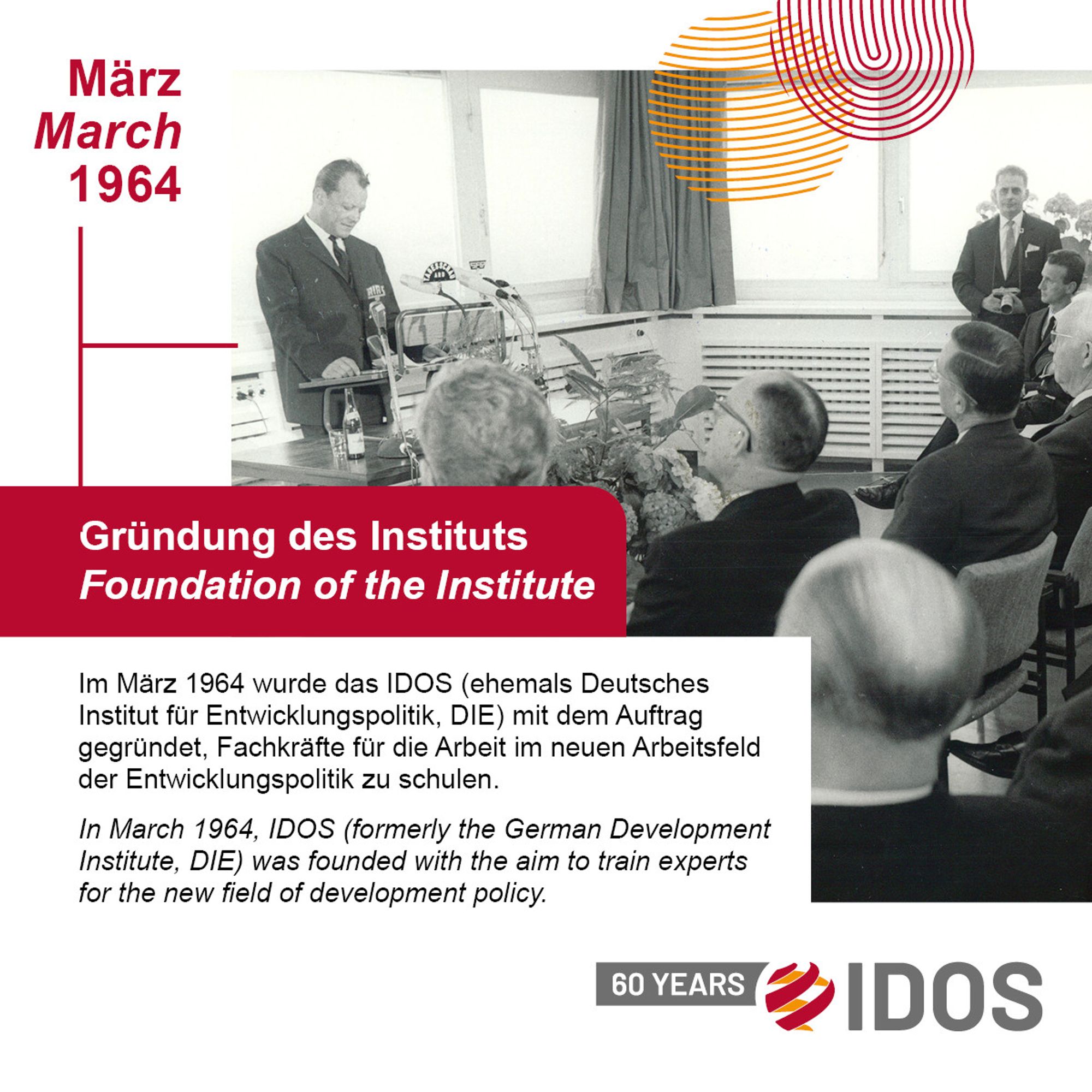 März 1964. Gründung des Instituts. Im März 1964 wurde das IDOS (ehemals Deutsches Institut für Entwicklungspolitik, DIE) mit dem Auftrag gegründet, Fachkräfte für die Arbeit im neuen Arbeitsfeld der Entwicklungspolitik zu schulen.

March 1964. Foundation of the Institute. In March 1964, IDOS (formerly the German Development Institue, DIE) was founded with the aim to train experts for the new field of development policy.