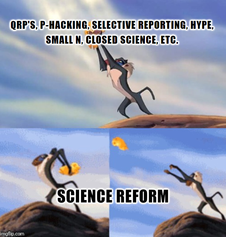 Lion King meme in which Rafiki (science reform) throws Simba (QRPs, p-hacking, selective reporting, hype, small N, closed science, etc.)