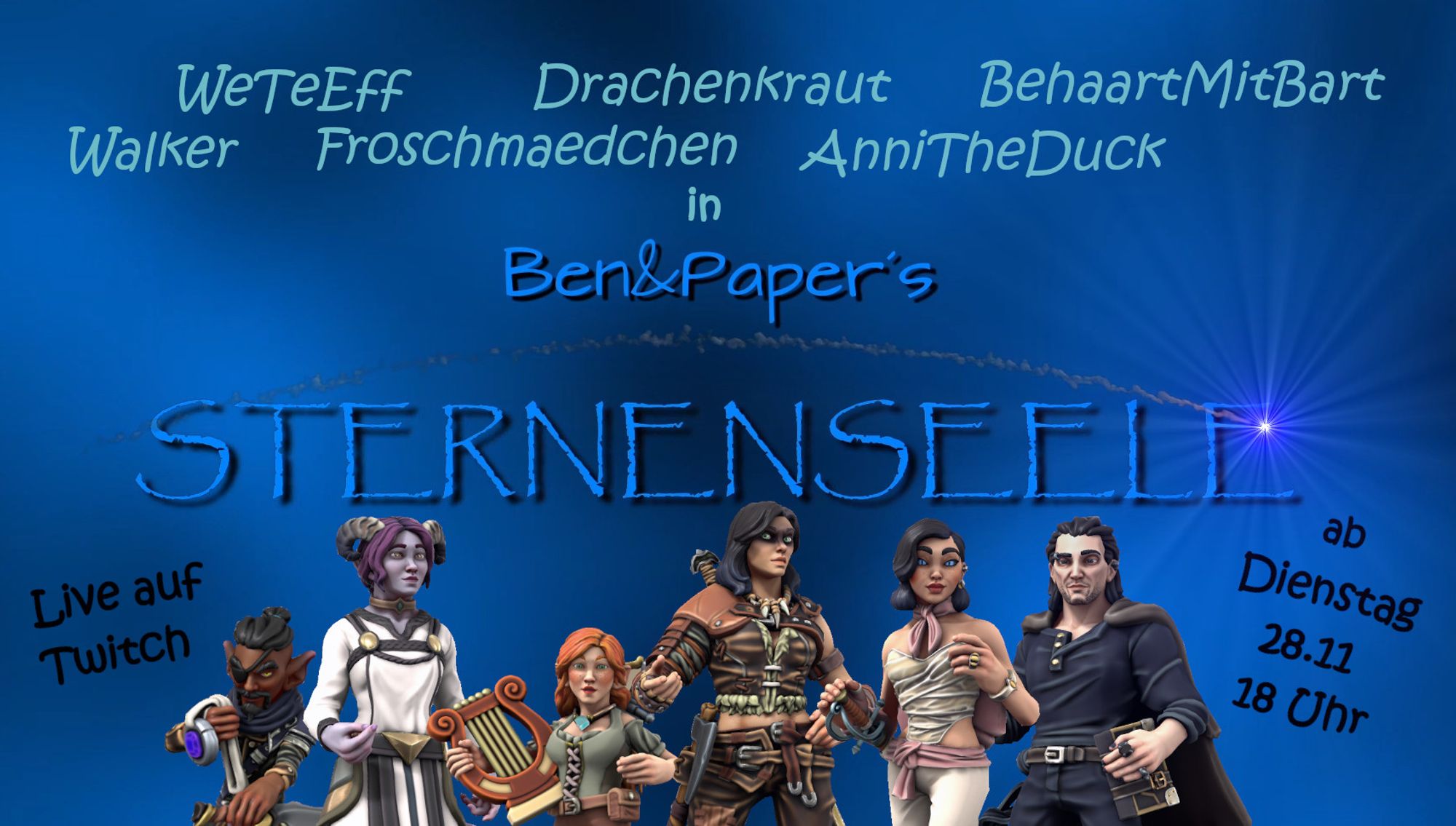 Ein Promo-Bild für die Kampagne mit dem Titel Sternenseele. Abgebildet ist die Heldengruppe, bestehend aus einem Tiefengnom-Druiden, einem Tiefling-Warlock, einer Habling-Bardin, einer Menschen-Barbarin, einer Schurkin und einem Menschen-Magier.