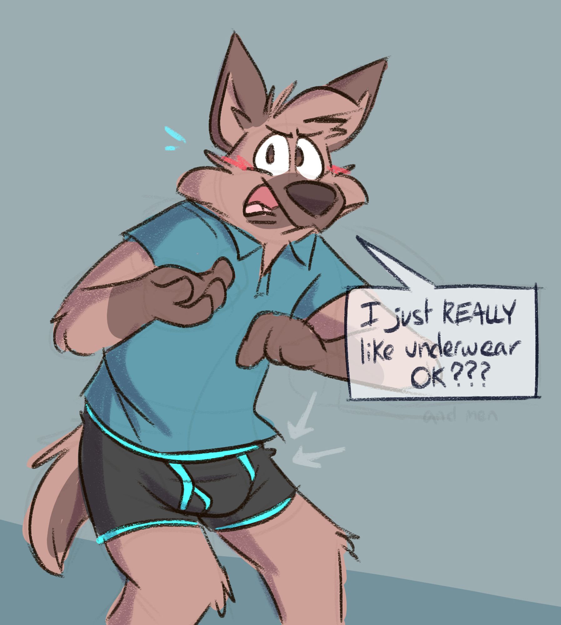 Mushy in a tee and boxer briefs, blushing and with a scrunched expression saying, "I just REALLY like underwear OK???"