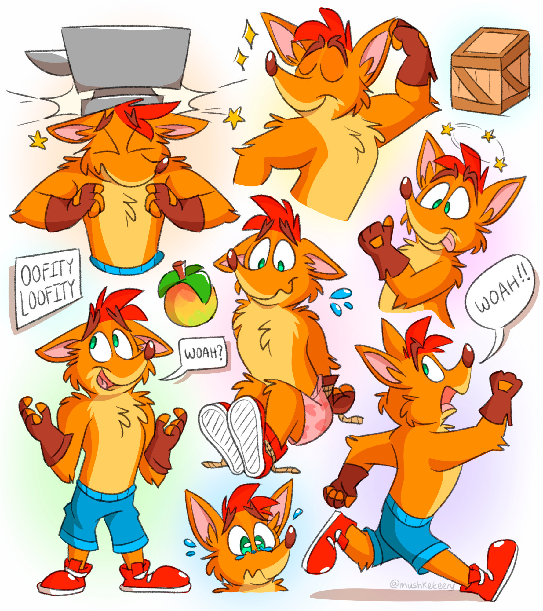 A series of doodles of Crash Bandicoot.