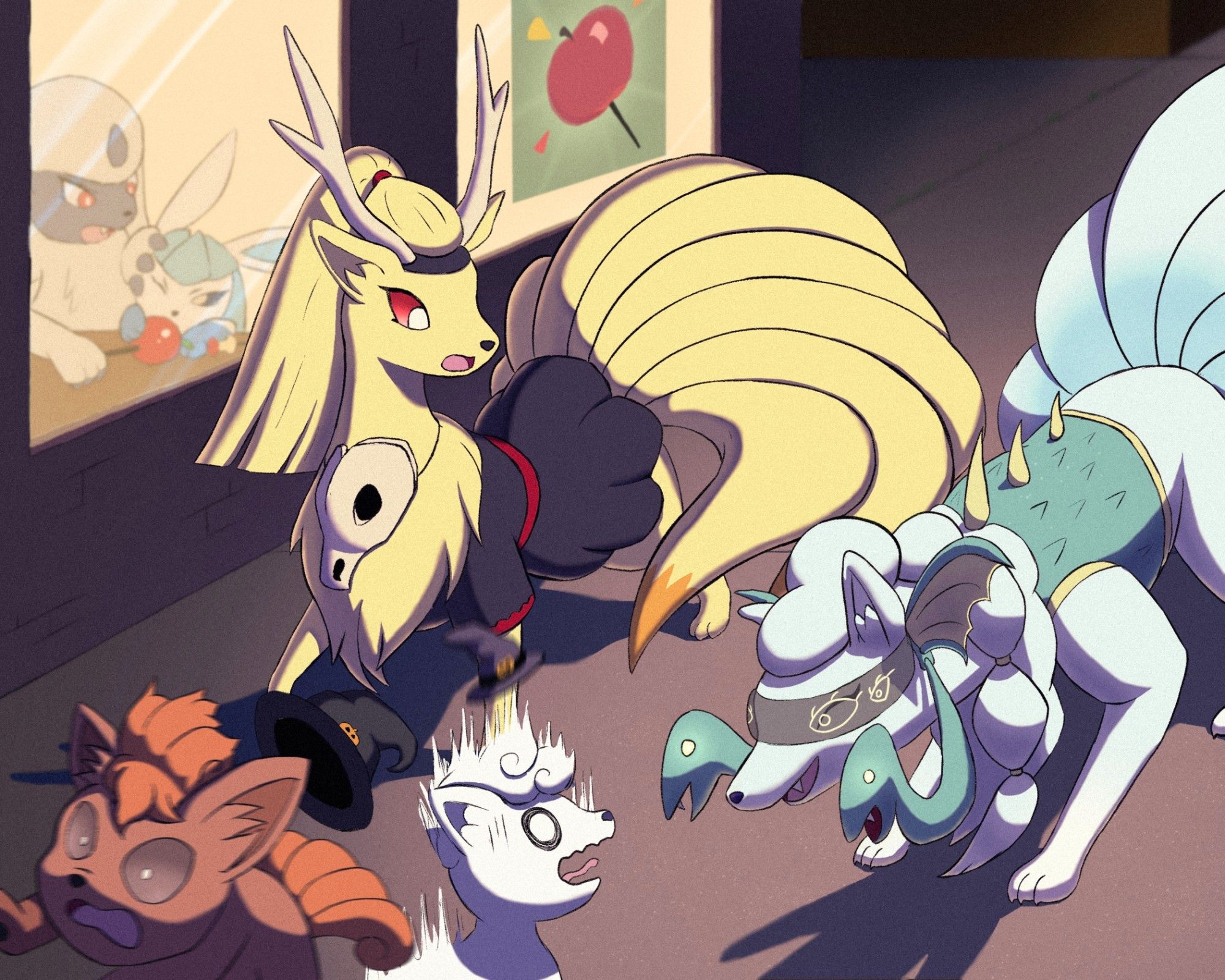 An alolan ninetales and a Kanto ninetales are walking down a city sidewalk at night in costume.
The alolan ninetales shows off her costume to two passing vulpix, scaring them